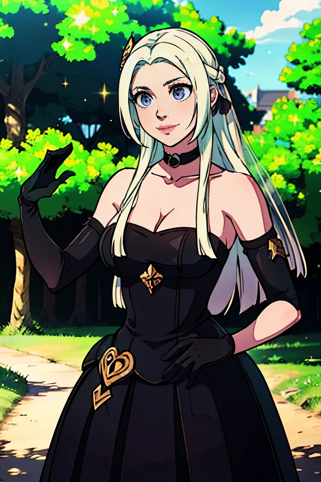 Edelgard FE,  hair between eyes, ahoge, blonde hair, star \(symbol\), hair ornament, ruffled tulle dress, cleavage, bare shoulders, collarbone, long black elbow gloves, black gloves, black dress, black choker, strapless, tiara, veil, strapless dress, princess dress, veil, beautiful woman, perfect body, perfect breasts, wearing a princess dress, ball gown, in the park trees, wedding decorations, a warm smile, realism, masterpiece, textured skin, super detail, high detail, high quality, best quality, 1080p, 16k