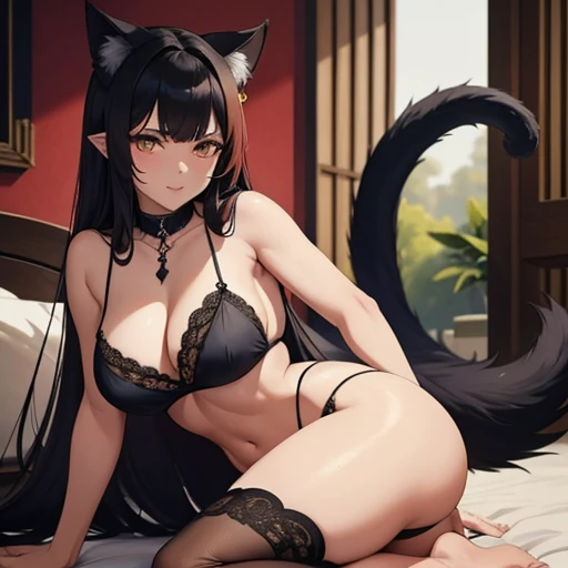 La mujer gato tiene un cuerpo delgado pero musculoso, His hair is black as coal and his eyes are luminous green.. Su piel es suave, reddish brown and has big ears and a big cat tail. It is a beautiful and exotic creature, llena de potencia y misterio. And she is dressed in exotic lingerie, y tiene una cara lujuriosa de placer extremo