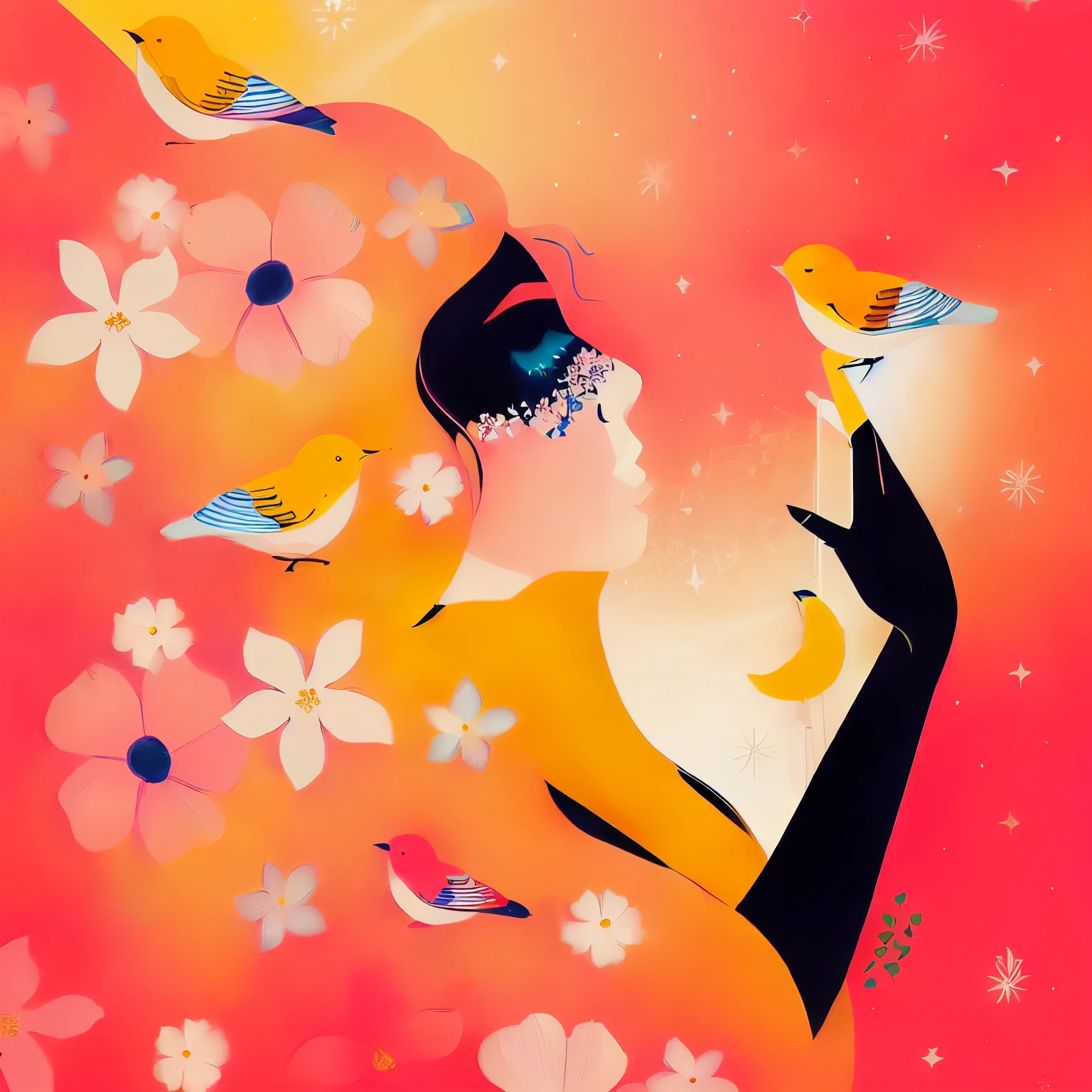 illustration of a woman with a bird in her hand and flowers, jen bartel, dreamy illustration, illustrated in whimsical style, by Juliette Leong, by Rose Henriques, by Ina Wong, inspired by Julia Pishtar, by Maryam Hashemi, illutstration, with stars, 2 d gouache illustration, by Flavia Blois, by Jeka Kemp