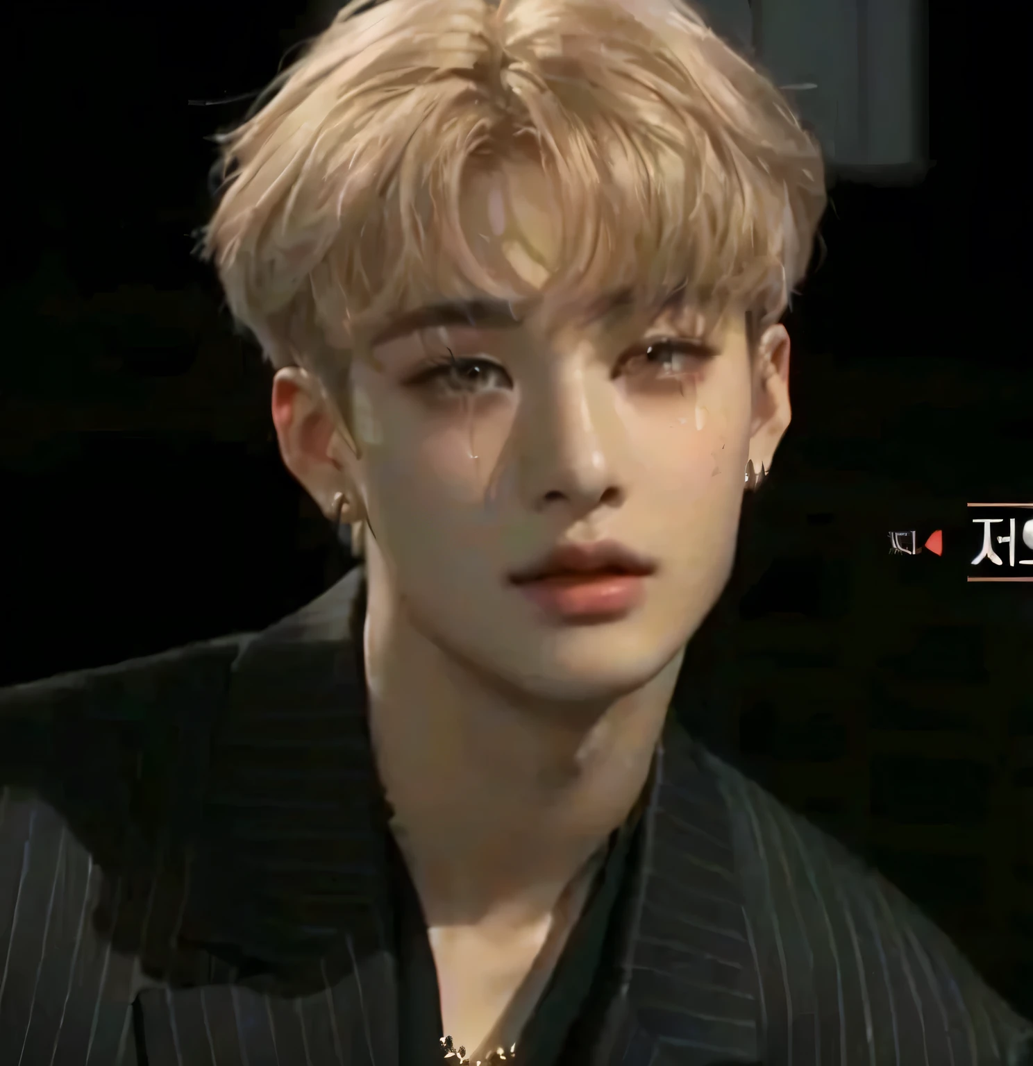 a close up of a person wearing a suit and a necklace, cai xukun, jinyoung shin, giga chad crying, yanjun chengt, jinyoung shin aesthetic, jungkook, hyung tae, inspired by Bian Shoumin, with same hairstyle, jia, wry smirk, he has an elongated head shape, extremely handsome, jimin lips, kim taehyung