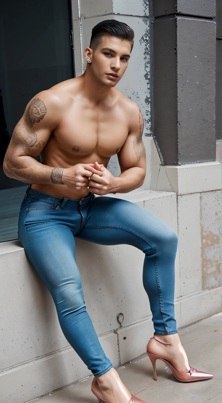 An Athletic hunk man with very short hair, vintage lingerie, glossy stockings, bra, very high stiletto heels with pointy toes, earrings, bra ,nylons and makeup, tight jeans