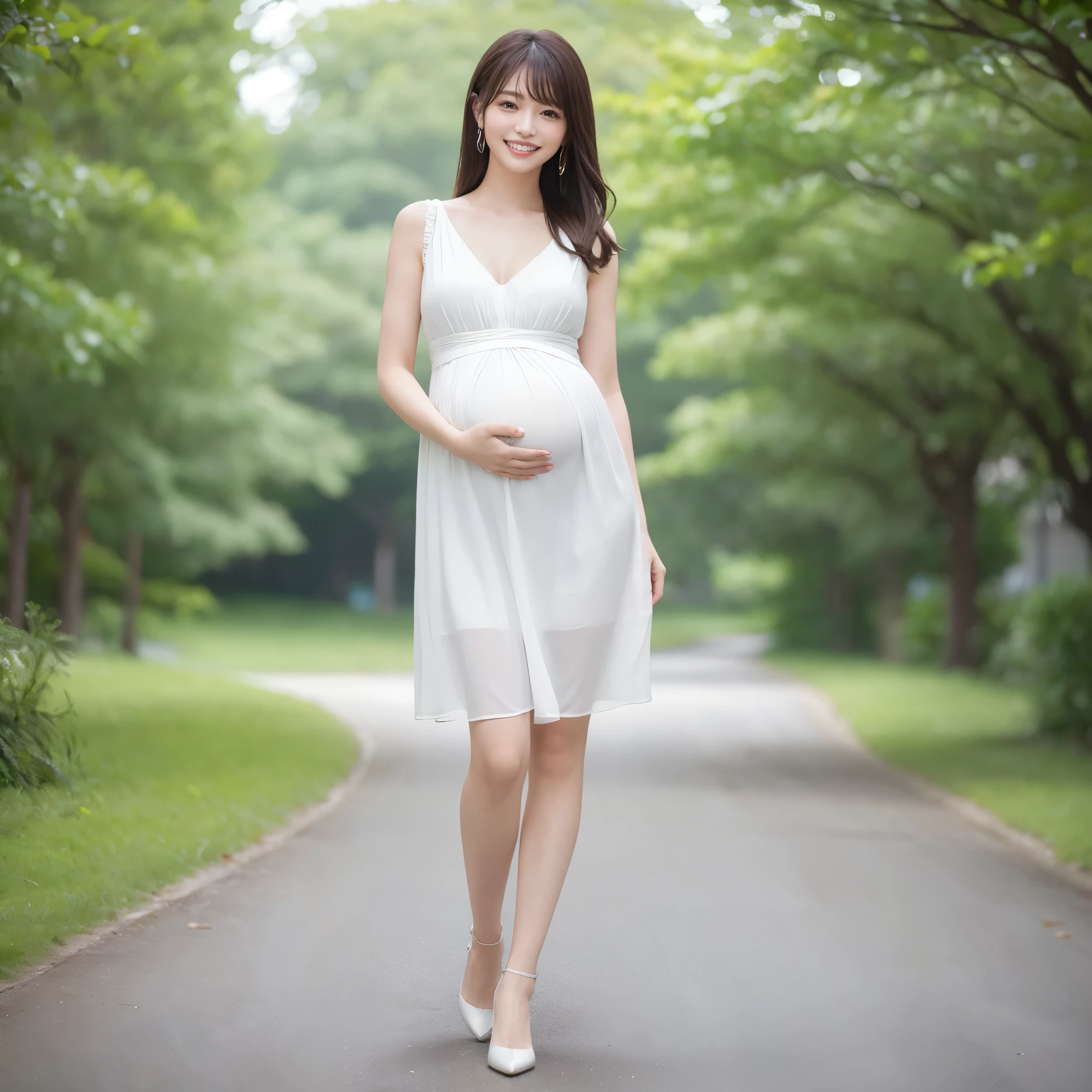 (highest quality、Tabletop、8k、Best image quality、Award-winning works)、(1 pregnant woman:1.1)、(A little pregnant:1.1)、Slender body、Elegant maternity wear、(Fixed Front Configuration:1.1)、(Strongly blurred background:1.1)、(Strongly blurred background:1.1)、(very bright and refreshing:1.1)、Accentuate your body lines、(Look at me with your best smile:1.1)、(Smile and show me your beautiful teeth:1.1)、Perfect Makeup、With bangs、Ultra-high definition beauty face、Ultra HD Hair、Ultra-high definition sparkling eyes、Ultra-high quality glossy lips、(Accurate anatomy:1.2)、(very bright and vivid:1.1)、(Full body photo of a standing woman:1.6)、(Shiny skin:1.1)、(Ultra-high definition, bright and beautiful skin:1.1)、Ultra-high definition beautiful teeth、Ultra HD Hair、Ultra-high definition sparkling eyes