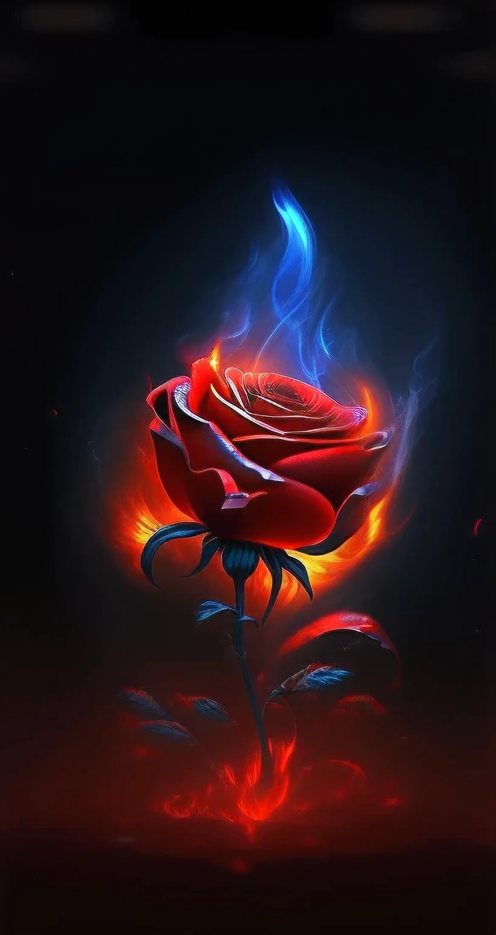 A red rose,There are flames and smoke on it, holy flame spell, ❤🔥🍄🌪, exploding roses, 8 k highly detailed ❤🔥 🔥 💀 🤖 🚀, 8k highly detailed ❤️🔥 🔥 💀 🤖 🚀, background artwork, Red rose, engulfed in swirling flames, Red neon rose, Stylized digital art, ✏️🎨, on fire