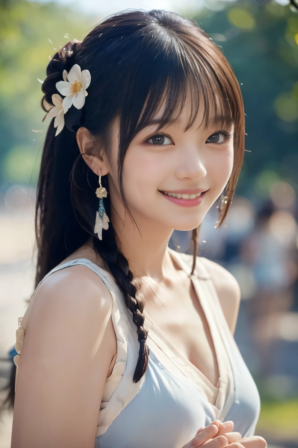 solo girl,stand in the park,casual summer knit dresses,(flower hair ornament,Braided top knot,Twisted side part ponytail braided headband,half up、Braided Space Van,voluminous fishtail braid,Twisted pan),(The bangs are see-through bangs),(((emphasize the chest:1.3))),(dynamic angle),(dynamic and sexy pose),(lean forward:1.3),(((A dignified statue))),Disturbance of clothing due to movement,Breast flick,hairpin,necklace,earrings,Beautiful woman,.perfect face,With a round face,(A smile that makes people happy:1.7),big and full breasts,,intricate details,very delicate and beautiful hair,photo-realistic,dream-like,realistic shadow,focus only,beautiful hands,beautiful fingers,Detailed functions of fingers,Detailed clothing characteristics,Detailed characteristics of hair,detailed facial features,、(professional lighting),(Photoreal:1.3),(RAW photo.),(highest quality,Ultra high resolution output image,) ,(8K quality,),(Image mode Ultra HD,)