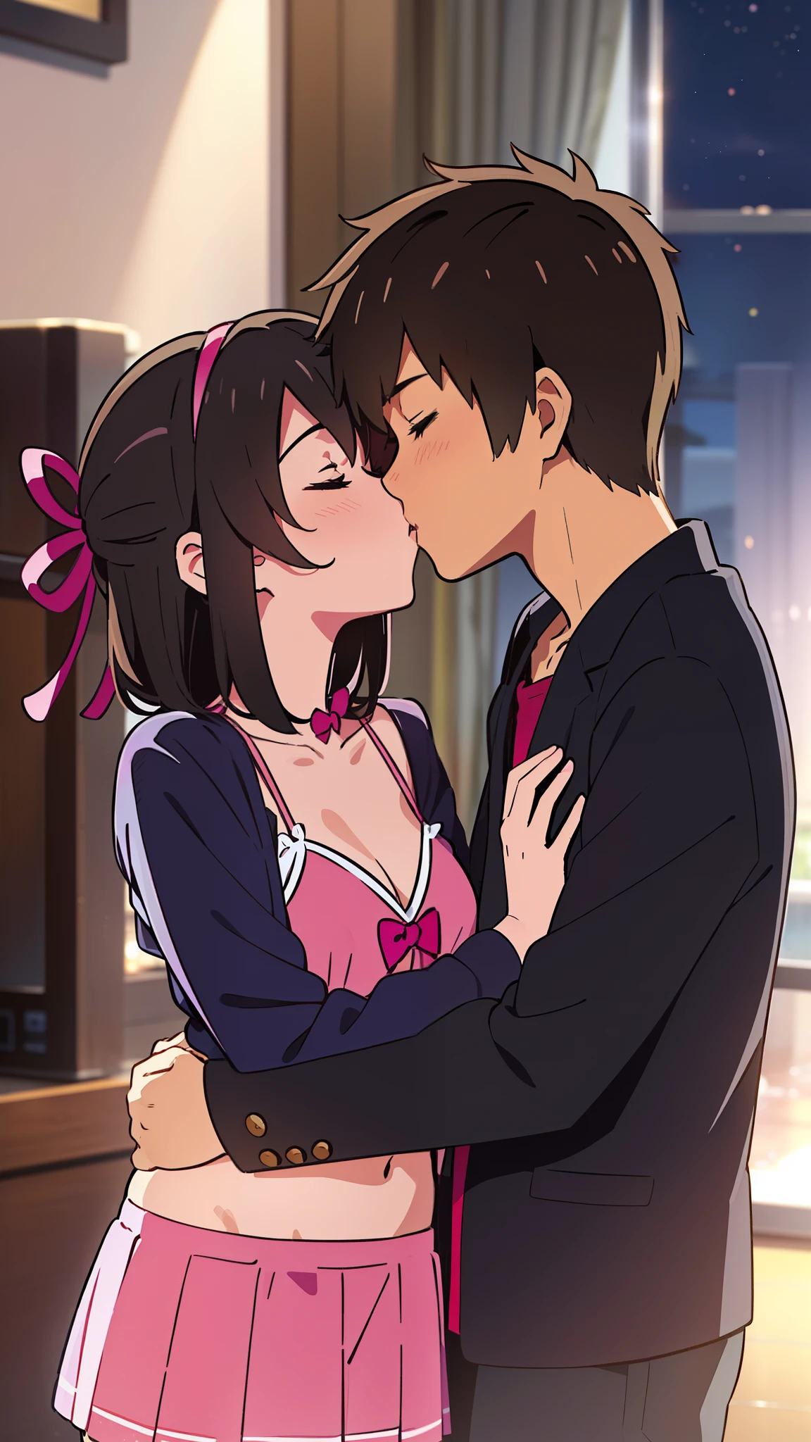 shinkai makoto, kimi no na wa., 1girl, 1boy, bangs, black hair, short hair, blush, (boy wear casual shirt, shorts), ((girl wear idol clothes, collarbone, red ribbon, pink bikini, pink skirt, short skirt, Off-the-shoulders, black thighhighs)), cute, love, couple, adorable, dating, (((kiss, deep kiss))), closed eyes, passionate hug, indoors, night background, bedroom, sitting on the bed, romantic atmosphere