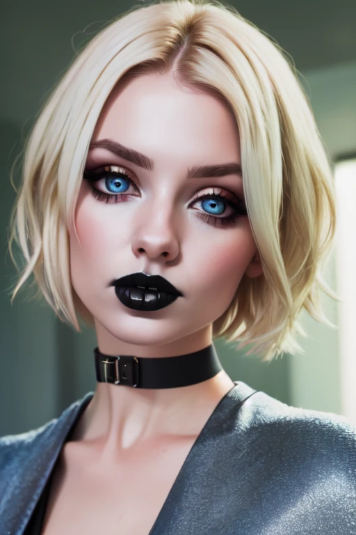 torso shot, (Best Quality, 8k, Masterpiece, UHD), (Photo of Attractive Caucasian Gothic model Woman with short hair), solo 1Girl as short hair platinum blonde, heavy makeup ,  cape, choker ,very pale skin,Ultra Detailed Face, Detailed Lips, Fine Eyes, black lipstick, Fine Eyes