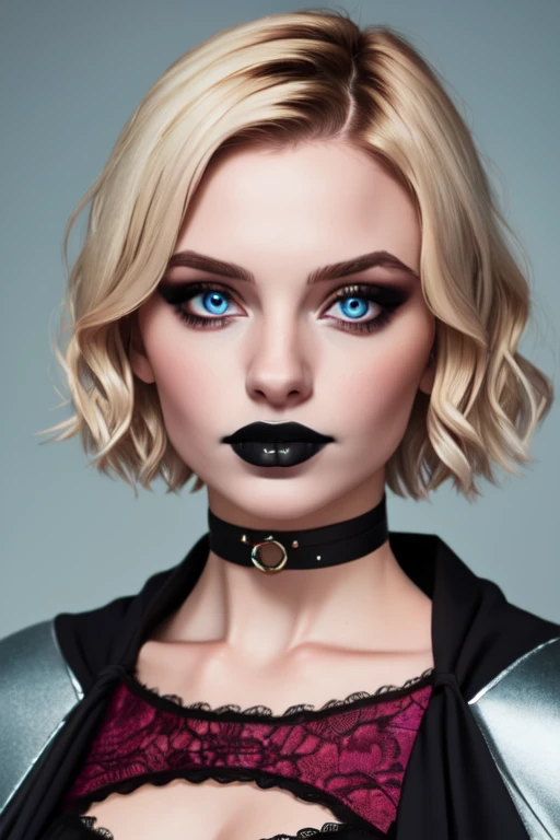 Very sexy girl, Alex Less, Detailed Lips, Detailed Eyes, detailed eyelashes, detailed face, blonde hair, earnings, nose pressing, seduction eyes, ((black make-up)), black, eye liner, lipstick, full body shot, body focus, ((wearing latex dress)),(( long tie)), Detailed fabric, 