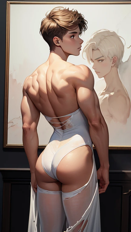 ART painting, Justin Bieber, art antique white+bisque watercolor, attractive uncovered male figure, full-length silhouette, image of insidious seduction, professional photo, Young man 21 years old In a tight, thin leotard, Large voluminous elastic lush buttocks are exposed, torn fabric, Back view 