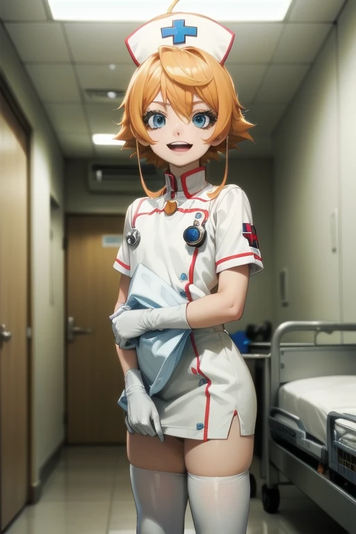 1boy, solo, male focus, nurse, nurse cap, white wear, ((white legwear, zettai ryouiki)), white gloves, short hair, orange hair, smile, open mouth, standing, ((hospital room)), sharp outline, short sleeves, shota, , best quality, masterpiece