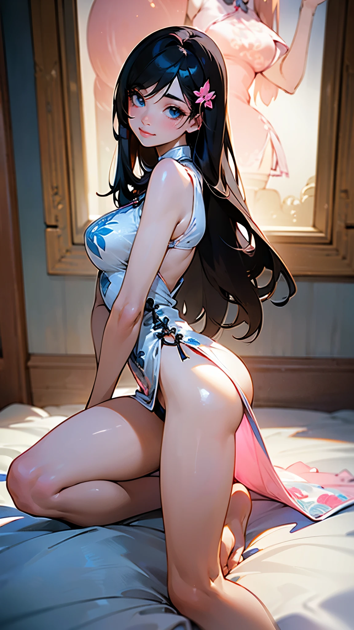 (Realistic:1.3), (masterpiece:1.2), High definition(photoRealistic:1.0), (highest quality), (Detailed skin:1.3), (Intricate details), Reduces light reflections, 1 woman, 19 years old, Detailed skin texture, (blush:0.6), Scattered beneath the surface, (smile), (Black Hair), (Straight Hair), medium Long Hair, (Calm hair), bangs, Hair between the eyes, Hair volume is low, Sparkling blue eyes, Lens Eye, Light reflection in the eyes, Symmetrical eyes, looking at the camera, hair ornaments, Wearing China dress, Floral prints on clothes, medium length Skirt, sleeveless, Side slits, ((white China dress)), She has only two legs, Two arms, Five fingers, Two joints in the fingers, barefoot, Depict the whole body, from back, Inside the room, ((Do not cover the crotch)), ((Whitish pink panty)), (vagina), Perfect body balance, beautiful legs, slim legs, open her legs very wide, ((move the panty to the side by fingers)), night room, Panties ceparate from clothes, vagina, left and right legs the same thickness
panties with a strap, big tits, (((finges in vagina))), ((panty on knees)), Natural light, Describe from thighs to head
