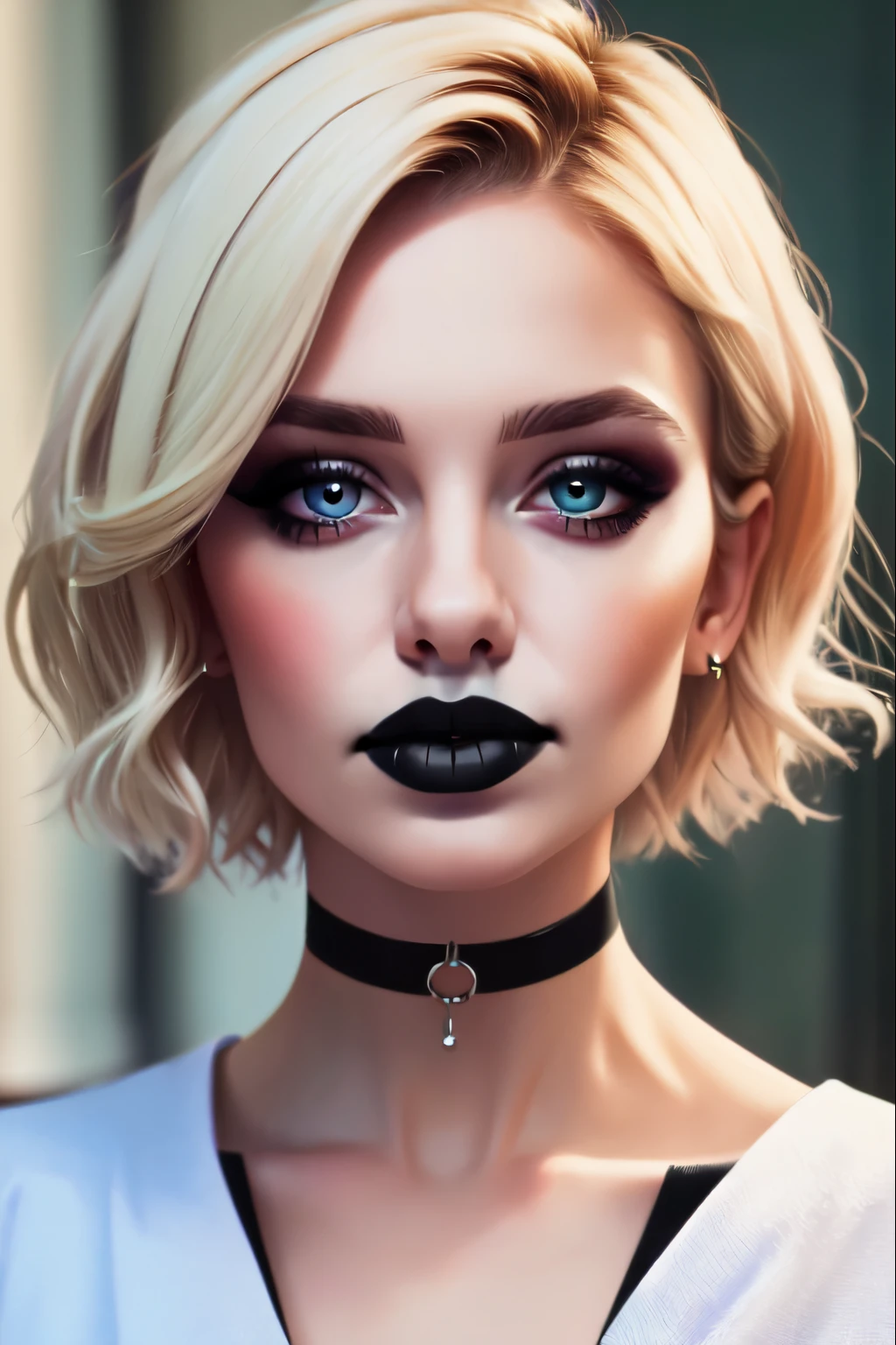 torso shot, (Best Quality, 8k, Masterpiece, UHD), (Photo of Attractive Caucasian Gothic model Woman with short hair), solo 1Girl as short hair platinum blonde, heavy makeup ,  cape, choker ,very pale skin,Ultra Detailed Face, Detailed Lips, Fine Eyes, black lipstick, Fine Eyes