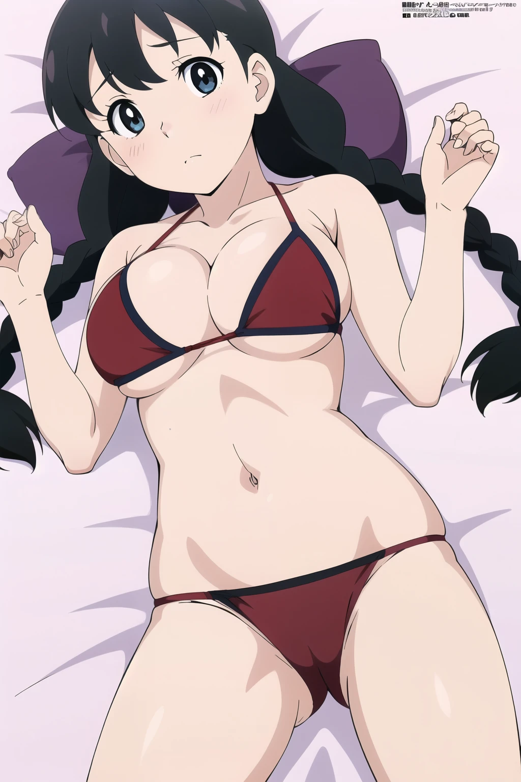 (anime cels style, masterpiece, best quality, high resolution, megami magazine, anime poster style, sharp, 8k), (beautiful eyes:1.2), shizuka minamoto, 1girl, black hair, black eyes, low twin braids, closed mouth, blush, (large breast), (on back, sleepy), cowboy shot, spread legs, red bikini, bed, (perfect detailed anatomy, beautiful face, perfect body, perfect arms, shiny skin),