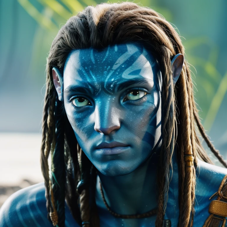 avtr:1.1, avatar style, portrait:1.6, 1boy, male, (AvSpider), (blue skin tone:1.0), (long hair:1.0), dreadlocks, black hair color, (brown eyes), (young adult), 18 years old:1, face wrinkles, wearing tribal clothing, detailed eyes, toned body, muscled body, vibrant colors, glowing, ethereal atmosphere, surrealistic dreamy lighting, textured skin, otherworldly beauty, mesmerizing photography, (best quality, highres), vivid colors, ultrarealistic, skin details, striped skin, sfw, face close-up:0.5, ultradetailed body