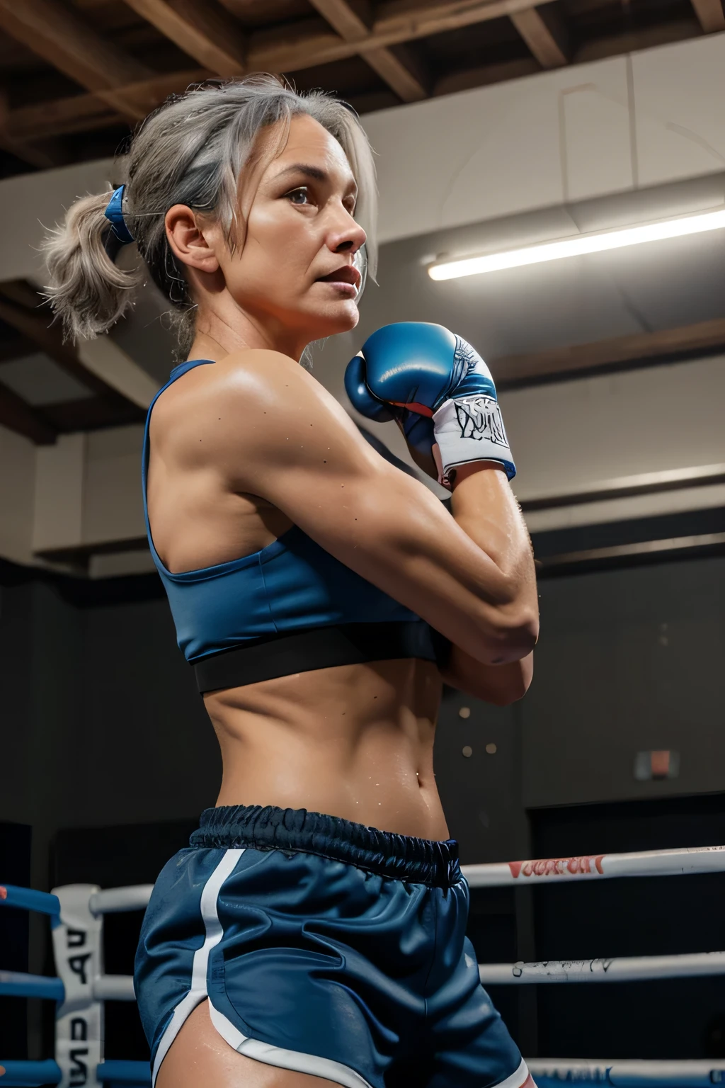 Masterpiece, 52 year old woman, athletic, gray hair, wearing blue sports bra and black shorts, red boxing gloves, sweaty, in a boxing ring, view from side, realistic