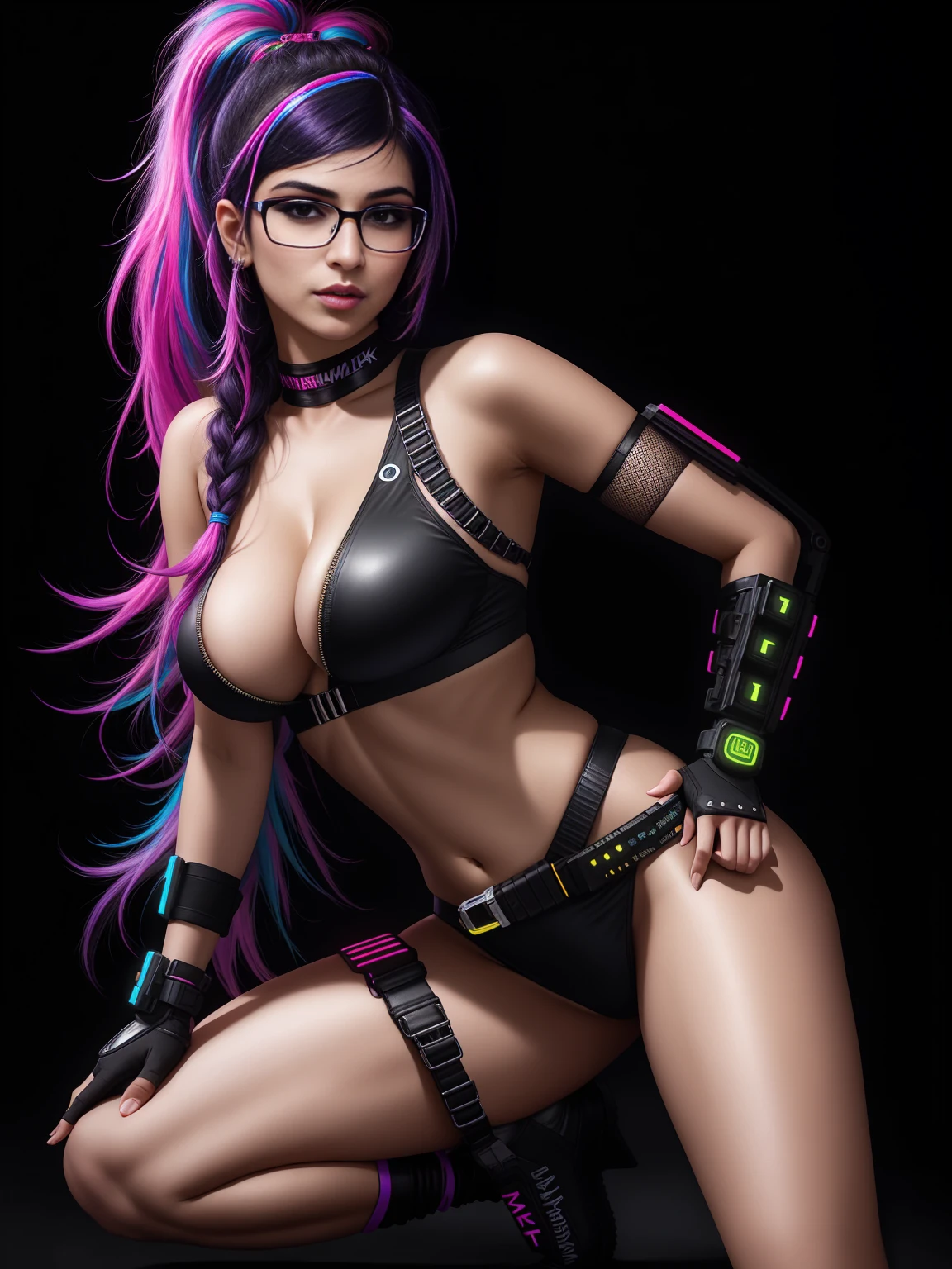 there is Mia Khalifa squatting, royal blue and bright purple neon streaked hair, hair in pony tail, 3 d neon art of a womans body, neon-noir background, cyberpunk femme fatale, seductive cyberpunk dark fantasy, cyberpunk strip clubs, cyberpunk 20 y. o model girl, oppai cyberpunk, banner, high definition cgsociety, cgsociety masterpiece, trending on cgstation, kda, random hair, looking at camera, gigantic breasts, cleavage, (high detailed skin:1.2), 8k uhd, dslr, super lighting, high quality, film grain, high res, highly detailed, hyper realistic, beautiful face, beautiful body, beautiful eyes nose lips, alluring expression, very bold, upper visible, full body photo, standing legs apart, pale translucent glowing skin, most beautiful face, cute, (well defined pubic hair:1.2)), (dark plain black background:1.4))