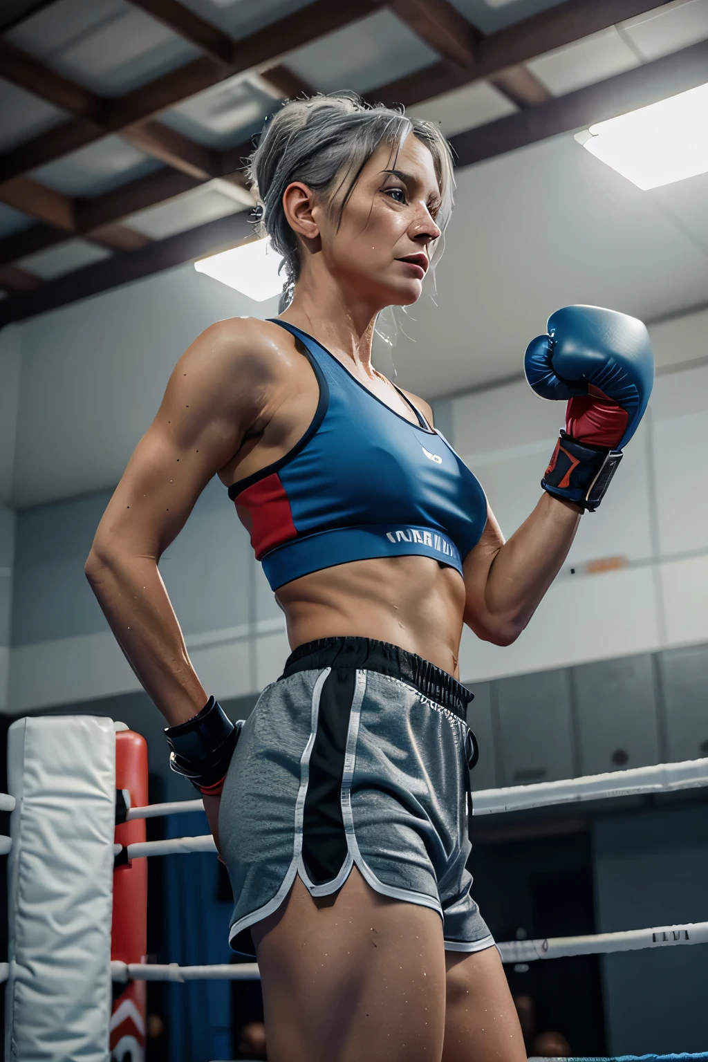 Masterpiece, 52 year old woman, athletic, gray hair, wearing blue sports bra and black shorts, red boxing gloves, sweaty, in a boxing ring, view from side, realistic 