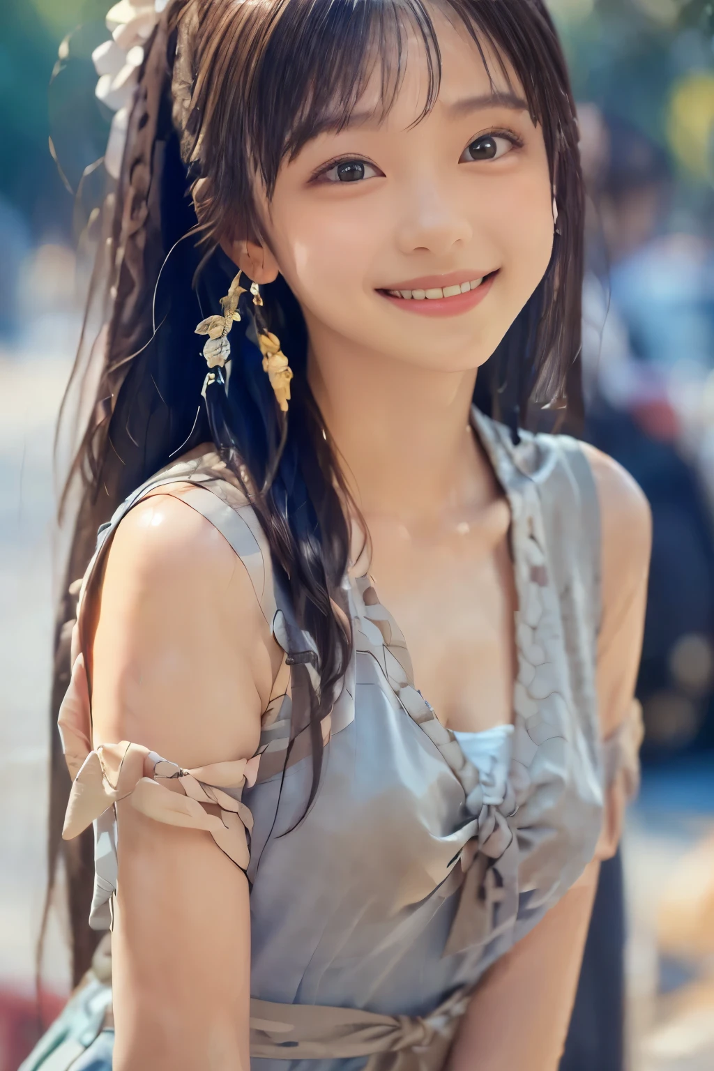 solo girl,stand in the park,casual summer knit dresses,(flower hair ornament,Braided top knot,Twisted side part ponytail braided headband,half up、Braided Space Van,voluminous fishtail braid,Twisted pan),(The bangs are see-through bangs),(((emphasize the chest:1.3))),(dynamic angle),(dynamic and sexy pose),(lean forward:1.3),(((A dignified statue))),Disturbance of clothing due to movement,Breast flick,hairpin,necklace,earrings,Beautiful woman,.perfect face,With a round face,(A smile that makes people happy:1.7),big and full breasts,,intricate details,very delicate and beautiful hair,photo-realistic,dream-like,realistic shadow,focus only,beautiful hands,beautiful fingers,Detailed functions of fingers,Detailed clothing characteristics,Detailed characteristics of hair,detailed facial features,、(professional lighting),(Photoreal:1.3),(RAW photo.),(highest quality,Ultra high resolution output image,) ,(8K quality,),(Image mode Ultra HD,)