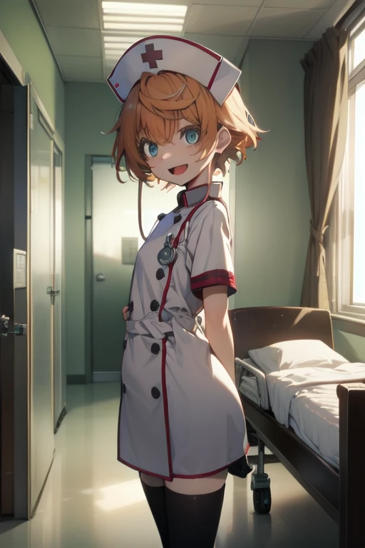 1girl, solo, nurse, nurse cap, white wear, ((white legwear, zettai ryouiki)), white gloves, very short hair, orange hair, smile, open mouth, standing, ((hospital room)), sharp outline, short sleeves, tomboy, boyish, best quality, masterpiece
