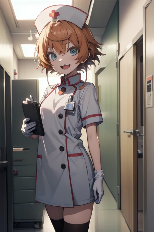 1girl, solo, nurse, nurse cap, white wear, ((white legwear, zettai ryouiki)), white gloves, very short hair, orange hair, smile, open mouth, standing, ((hospital room)), sharp outline, short sleeves, tomboy, boyish, best quality, masterpiece