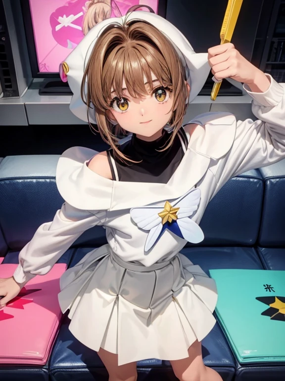 shoulder sweater, pelo corto y rizado, coletero para el cabello, colas gemelas, linda pose、Television commercial style pose., Card Captor Sakura,ropa interior blanca, Sole, Torn Transparent Kindergarten Uniform, Pies detallados, sonrisa, embarazoso,