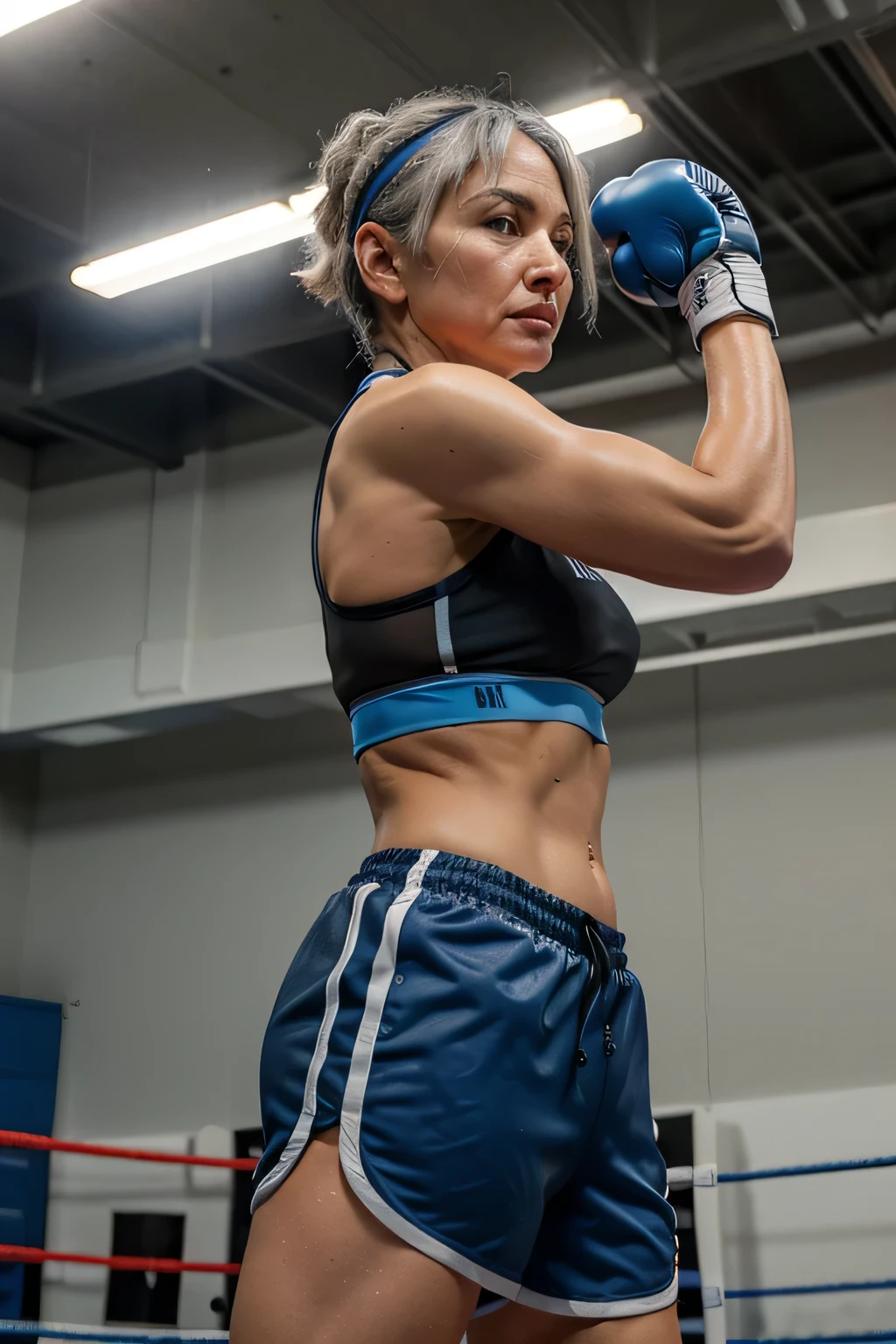 Masterpiece, 52 year old woman, athletic, gray hair, wearing blue sports bra and black shorts, red boxing gloves, sweaty, in a boxing ring, view from side, realistic