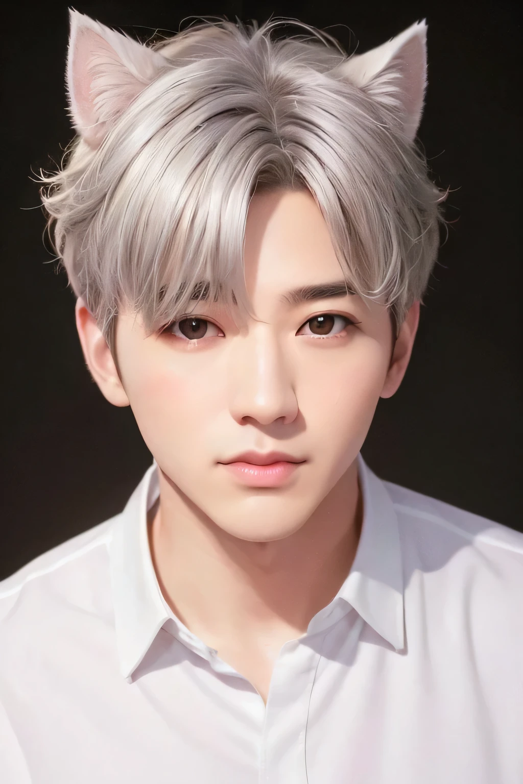 1male、、highest quality、masterpiece、8k、、Realistic Skin、(head shot:1.45)、、disheveled gray hair、(White dog ears)、、(Brown eyes)、Jet black polo shirt