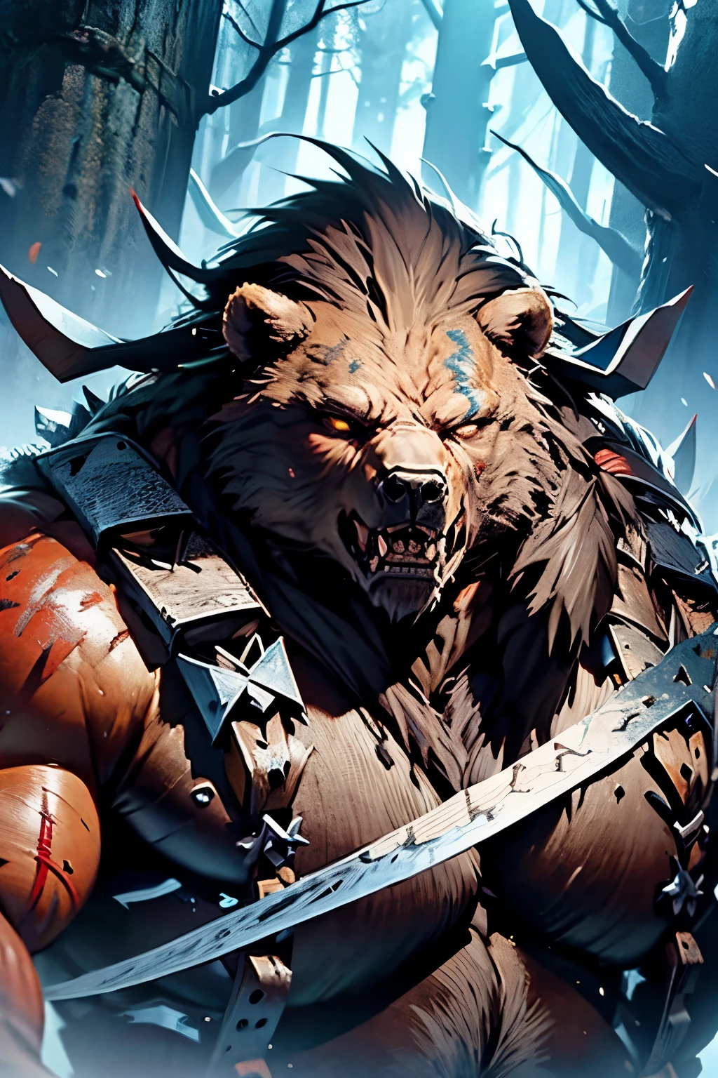 Bear man warrior, beastman, bear head, covered in dark brown fur, large axe, intimidating, scary, sharp teeth, sharp claws, bloody forest, dark forest, full body image