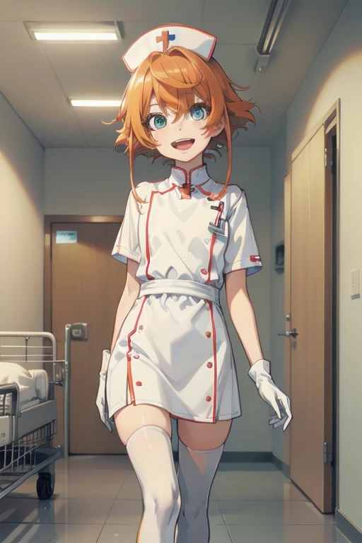 1girl, solo, nurse, nurse cap, white wear, ((white legwear, zettai ryouiki)), white gloves, very short hair, orange hair, smile, open mouth, standing, ((hospital room)), sharp outline, short sleeves, tomboy, boyish, best quality, masterpiece