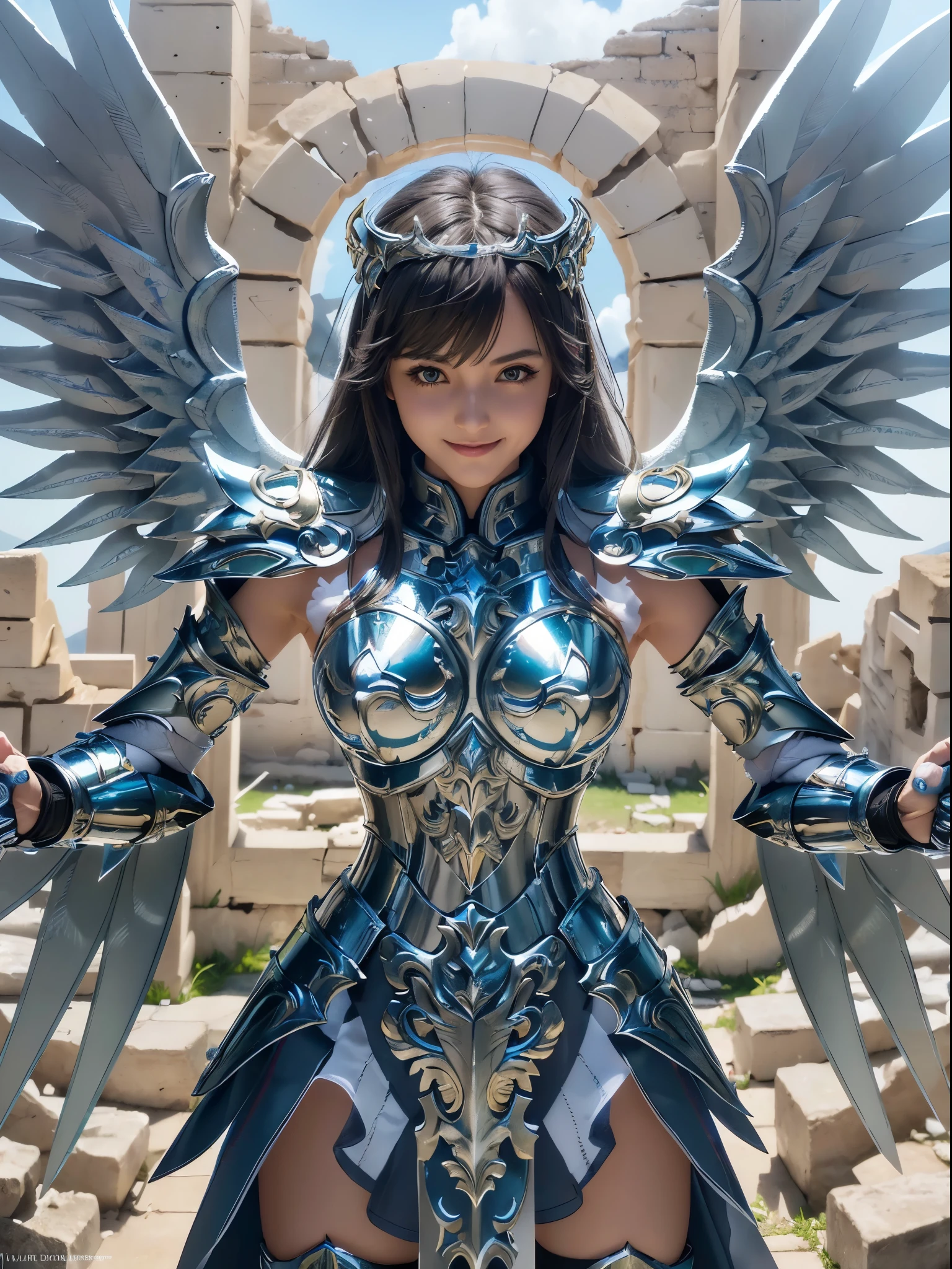 design, interrior, interriordesign saint_cloth, divine_armor
Masterpiece, best quality, (highly detailed raw photo:1.2), 8k render in octane, volumetric lighting, volumetric shadows  a portrait of a woman, (armor reflexions:1.2), smiling, wings
((realistic highly detailed greece ruins background))