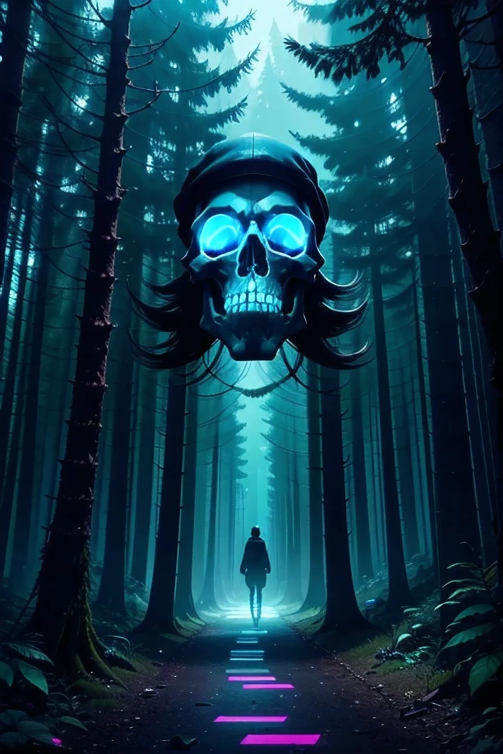 1-DigitalCreations, in a dazzling array of phosphorescent and neon colors, in a forest with Skulls lining the path