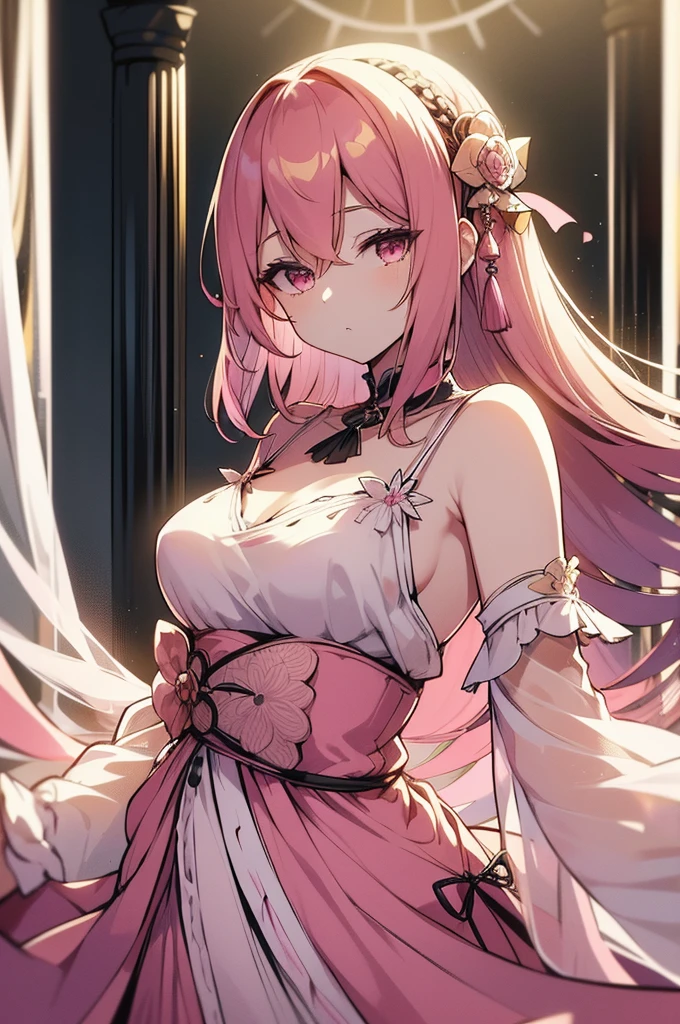 Masterpiece, Top Quality, Ultra Detail, Illustration,(1girl),Beautiful Detailed Eyes, (Show Viewer:1.4), (Heart-shaped Pupil:1.4), Blushing, Estrus, Close-up, (Chest Focus), (Back Arm:1.2), (From Top:1.1), Pink Hair, ((Big:2.0)), (Chest Out:1.3), (Off-Shoulder:1.1), Undergarment, --auto --s2