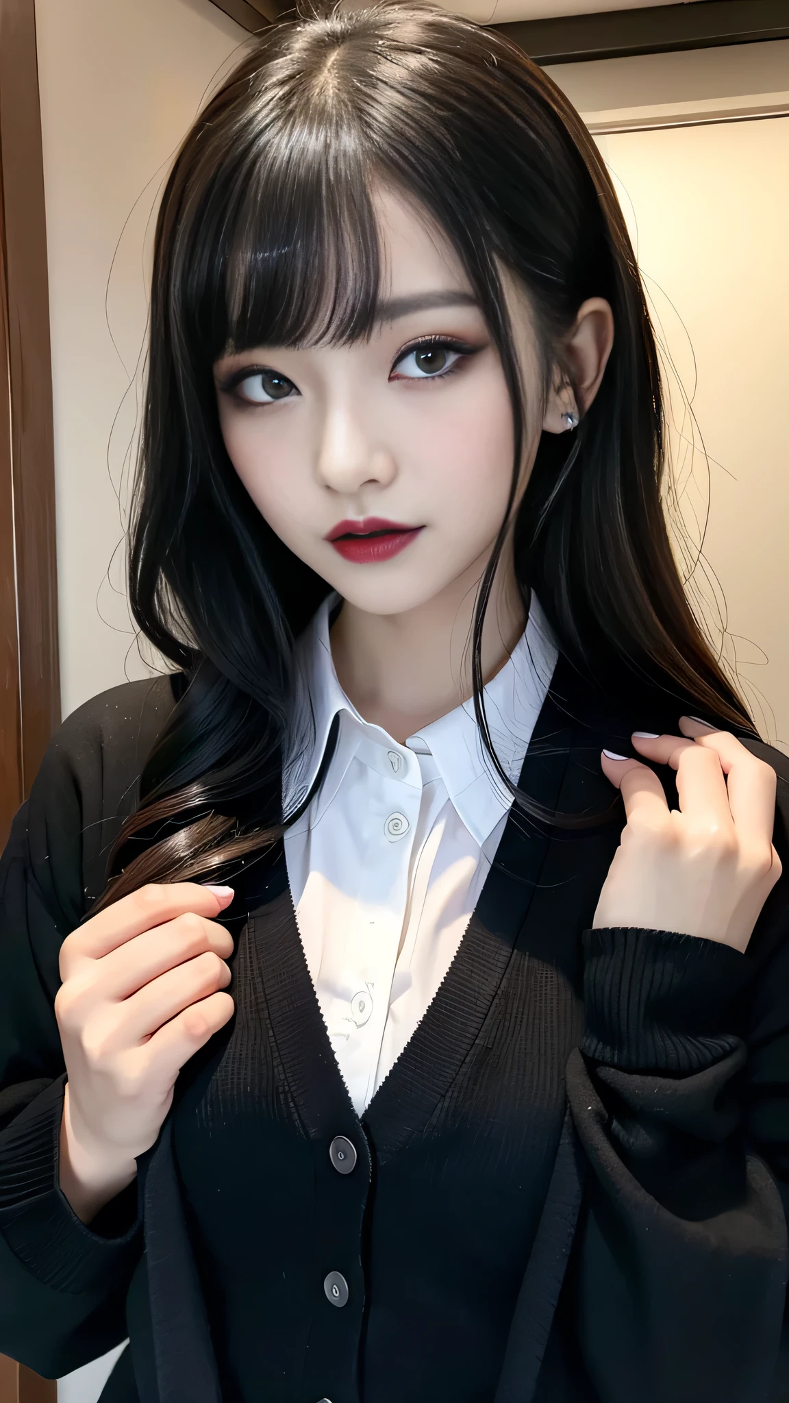 best quality、ultra-detailed、4k、Japanese、Seductive beauty、seductive adult woman、Pretty Woman、cool girl、Villainess、Brainwashed、brainwash、Fallen into evil、smirk、Evil look、Wicked Smile、evil、Brown hair、wavy hair、swept bangs、dark makeup、dark makeup、piercing eyes、hollow eyes,half-closed eyes、Hollow Eyes、purple Eyeshadow、black lipstick、black lipglos、student、uniform、Black cardigan、White Shirt、Black Ribbon、flare skirt、night、inside darkroom、Have lipstick、Emblem of Evil、Crest of Darkness、Swear allegiance、I have pledged my allegiance、Dye black、Blackening、Stained with evil、Dyed in darkness、Seduce
