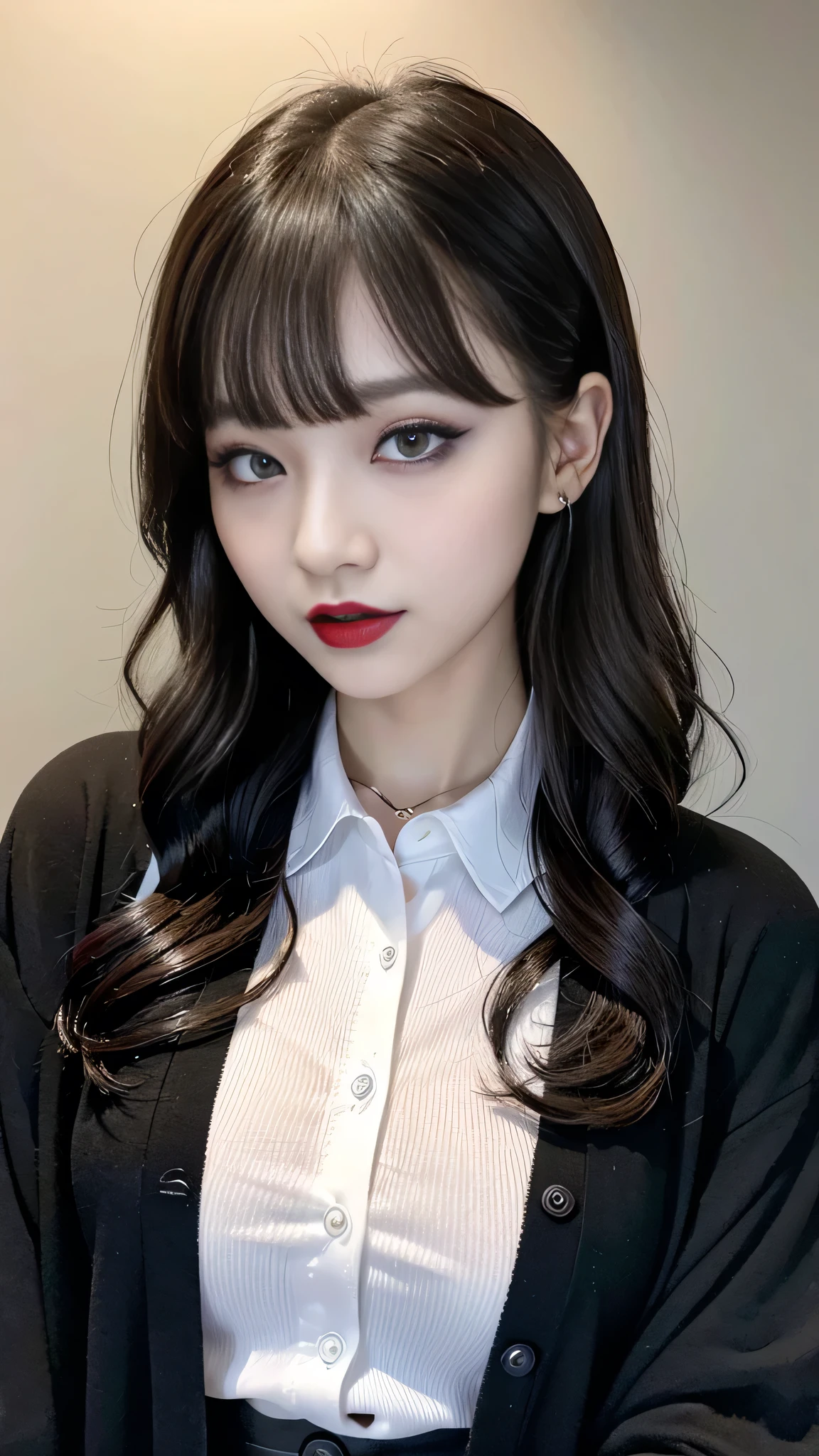 best quality、ultra-detailed、4k、Japanese、Seductive beauty、seductive adult woman、Pretty Woman、cool girl、Villainess、Brainwashed、brainwash、Fallen into evil、smirk、Evil look、Wicked Smile、evil、Brown hair、wavy hair、swept bangs、dark makeup、dark makeup、piercing eyes、hollow eyes,half-closed eyes、Hollow Eyes、purple Eyeshadow、black lipstick、black lipglos、student、uniform、Black cardigan、White Shirt、Black Ribbon、flare skirt、night、inside darkroom、Have lipstick、Emblem of Evil、Crest of Darkness、Swear allegiance、I have pledged my allegiance、Dye black、Blackening、Stained with evil、Dyed in darkness、Seduce