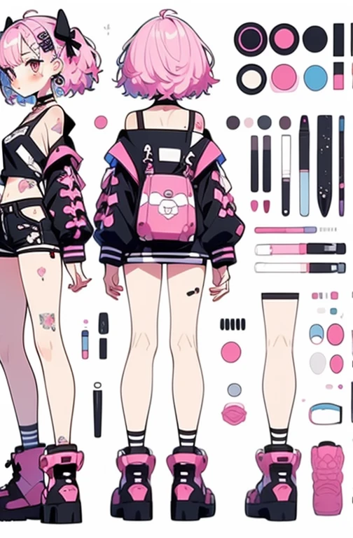anime, refsheet, girl, anime styled, character design, 2d, decor, stitches, 1 young girl, character sheet, concept art, full body, (masterpiece:1.2), (best quality:1.3), standing, (masterpiece, best quality) detailed, girl, drawing reference, reference, lineart, sketch, female, wide hips, big , goth, spooky, cute, kawaii, cat girl, galaxy, pale skin, long hair, white, black, purple, blue, pink, choker, thigh highs, attractive, glow, boots, artist, paint (character design sheet, same character, front, side, back)