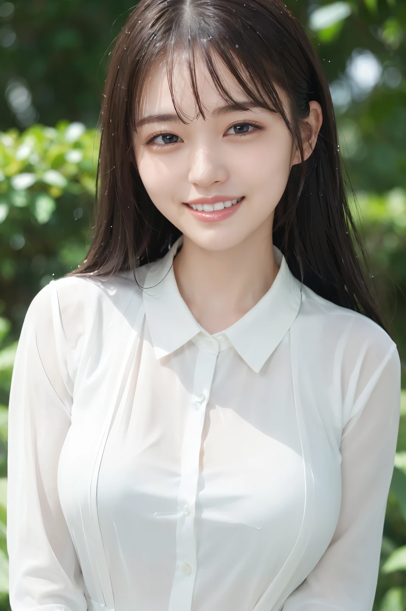 (highest quality、Tabletop、8k、Best image quality、Award-winning works)、(Soaking wet beauty:1.1)、(White polyester open-collar shirt:1.3)、(Wet white open shirt:1.2)、(Fixed Front Configuration:1.1)、(A very wet shirt:1.1)、Brown eyes、(A strong, blurred, refreshing green background:1.1)、(Strongly blurred background:1.1)、(Beautiful Dewy, radiant skin:1.1)、(very bright and refreshing:1.4)、(Very refreshing advertising image:1.1)、Big Breasts、Cleavage、Accentuate your body lines、(The biggest smile is looking at me:1.1)、(Smiling with beautiful teeth:1.1)、Perfect Makeup、With bangs、Ultra-high definition beauty face、Ultra HD Hair、Ultra-high definition sparkling eyes、Ultra-high quality glossy lips、Accurate anatomy、(very bright and vivid:1.4)、(Wet face close-up:1.35)、(Ultra-high definition countless water droplets:1.2)、(The most natural and perfect splashes:1.1)、(Spectacular splashes:1.1)、(Perfectly recreates the texture of wet hair:1.1)、(Dewy, radiant skin:1.2)、(Wet and shiny hair:1.2)、(Ultra-high definition, bright and beautiful skin:1.3)、(Soaked white open shirt:1.2)