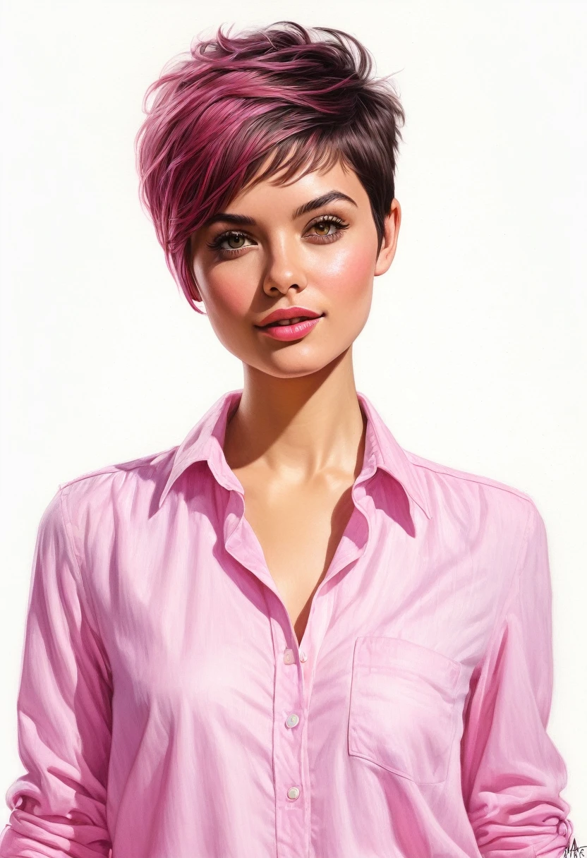 crea una mujer de pelo corto pixie,con camisa rosa , obra maestra, estilo ilustracion de Ali Erturk, alto detalle, hiperrealista, luz natural,ilustracion , colores llamativos