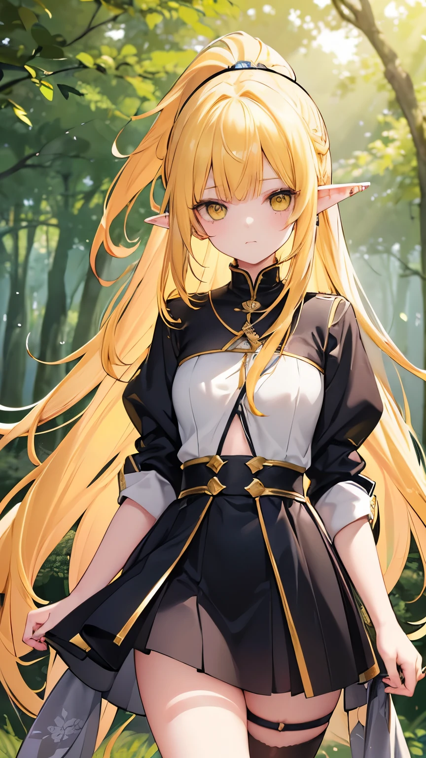 ((yellow hair)), highly detailed face and eyes, (long hair), ponytail, jewelry, hairband, long pointy ears, anime, masterpiece, textured skin, (super detail), award winning, (best quality), elf, in forest, Sunbeams filtering through the trees, whole body, beautiful legs