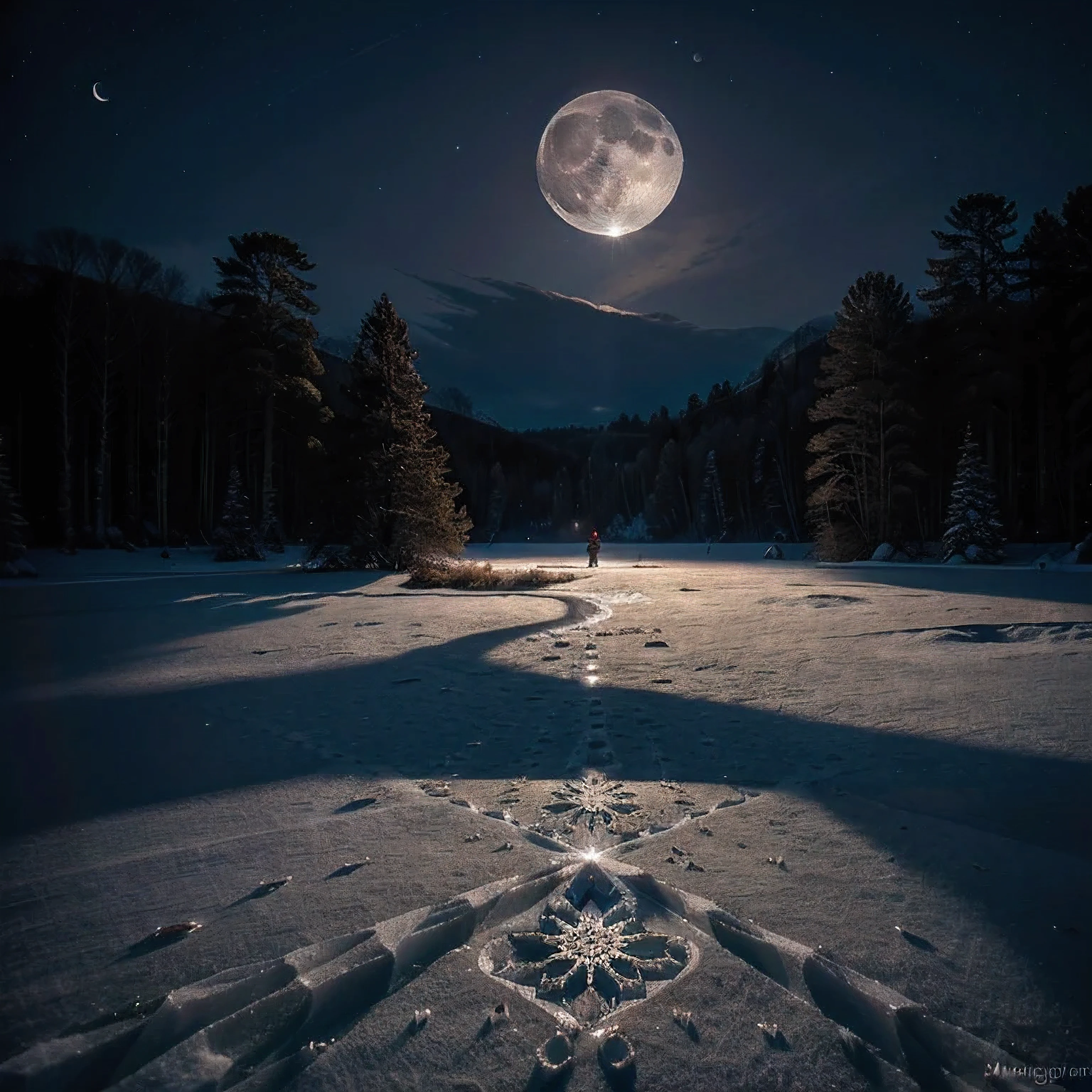 kaleidoscope appearance with red, yellow, purple, gold light bouncing about on a frozen lake where a large white wolf with bright red eyes stands very intricately detailed with etchings the moon is showing a smiley face at night creating a soft glow the trees around it are frozen just as well, blue bubbles sparkling lights brightly, moonlit scene where the frozen lake's surface is etched with intricate patterns glistening under the soft moonlight, while the frozen trees stand tall with delicate frost coating their branches, creating a serene and mystical ambiance. The ethereal glow of the moon reflects off the icy surface, casting a gentle luminance over the entire landscape, evoking a sense of tranquility and wonder. Photography, captured with a high-resolution camera under a full moon to enhance the silver glow and intricate details. 

Negative Prompt: A barren frozen wasteland devoid of life with a dull and eerie moonlight casting harsh shadows on the frozen lake and trees, creating a bleak and desolate atmosphere.