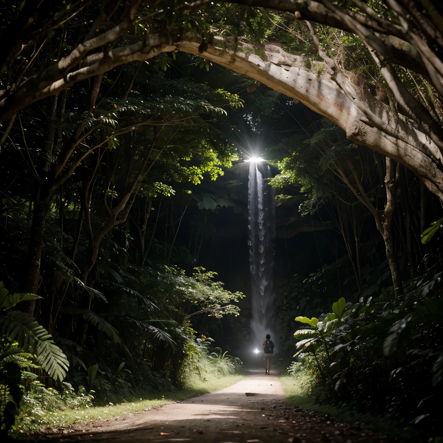 Floresta amazonica com neblina e uma caverna nos fundos
