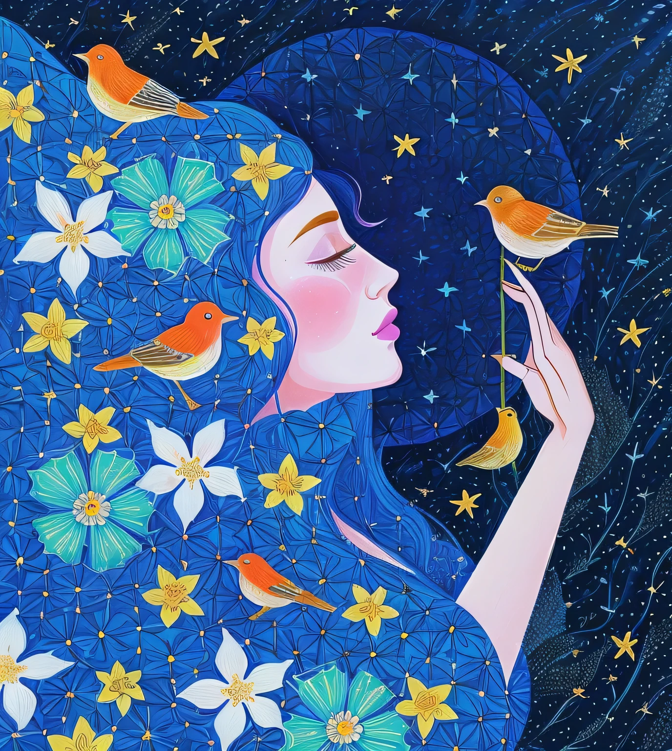 illustration of a woman with a bird in her hand and flowers, jen bartel, dreamy illustration, illustrated in whimsical style, by Juliette Leong, by Rose Henriques, by Ina Wong, inspired by Julia Pishtar, by Maryam Hashemi, illutstration, with stars, 2 d gouache illustration, by Flavia Blois, by Jeka Kemp