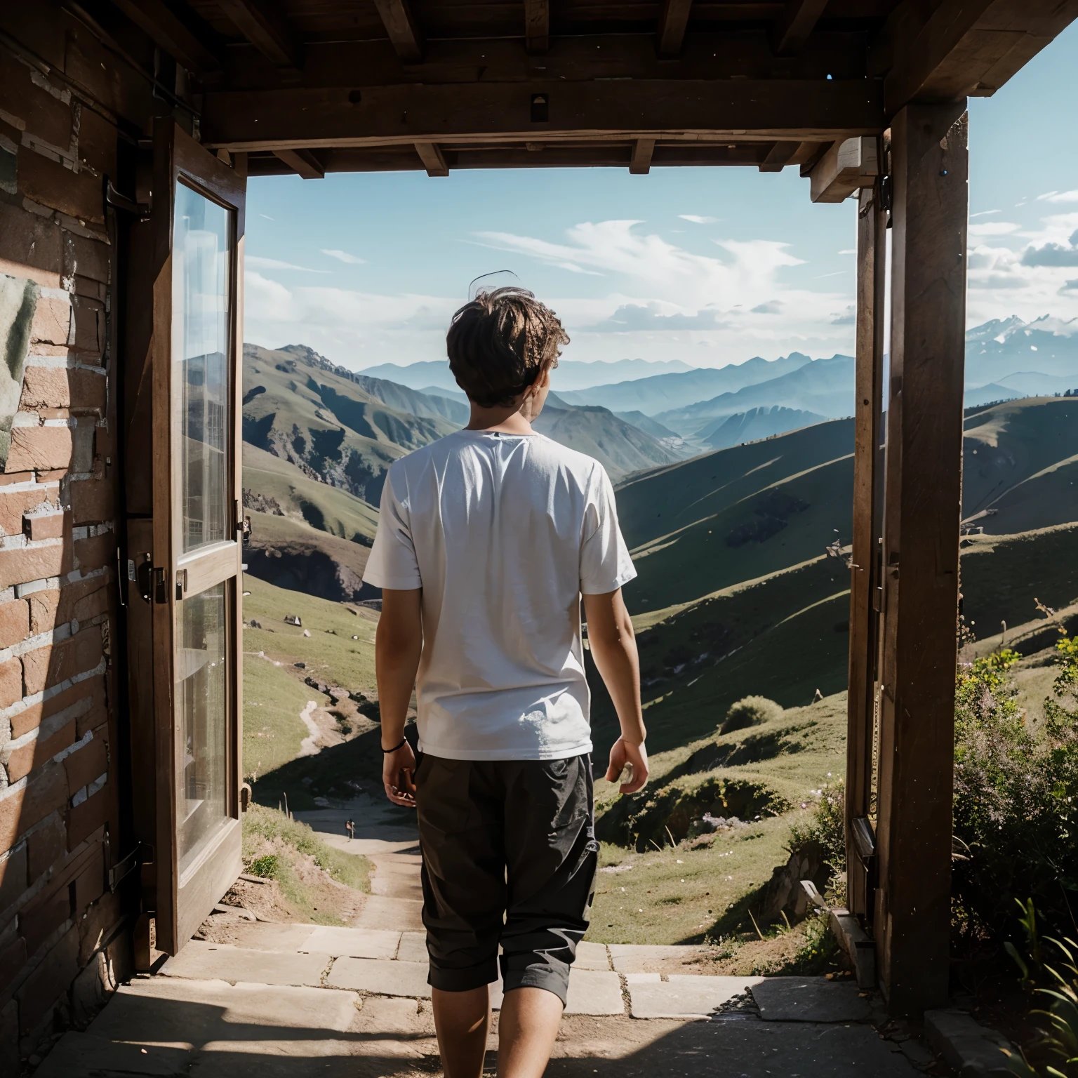 Boy looking back at dreamy landscape