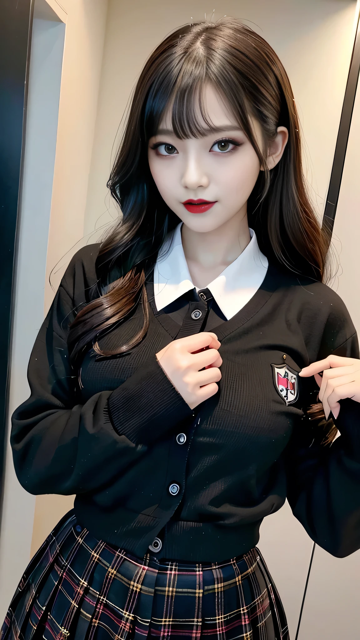 best quality、ultra-detailed、4k、Japanese、Seductive beauty、seductive adult woman、Pretty Woman、cool girl、Villainess、Brainwashed、brainwash、Fallen into evil、smirk、Evil look、Wicked Smile、evil、Brown hair、wavy hair、swept bangs、dark makeup、dark makeup、piercing eyes、hollow eyes,half-closed eyes、Hollow Eyes、purple Eyeshadow、black lipstick、black lipglos、student、uniform、Black cardigan、White Shirt、Black Ribbon、flare skirt、night、inside darkroom、Have lipstick、Emblem of Evil、Crest of Darkness、Swear allegiance、I have pledged my allegiance、Dye black、Blackening、Stained with evil、Dyed in darkness、Seduce