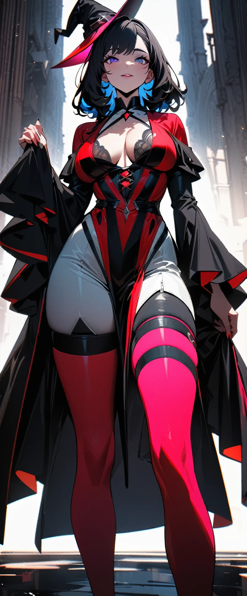 (highest quality:1.2, Very detailed, Latest, Vibrant, Ultra-high resolution, High Contrast, masterpiece:1.2, highest quality, Best aesthetics), (((1 girl))), Sexy witch, Mature woman&#39;s body, Seductive body lines, Narrow waist, Witch Robe, Witch Hat, An elegant robe with a red and black design., Skirt with slit, A dress with fine lace, gem, detailed ornaments, Purple Tent, Decorated purple flowers, Dark color palette, Insufficient lighting, Witch-made potion, Magic circle and tapestry hanging on the wall,