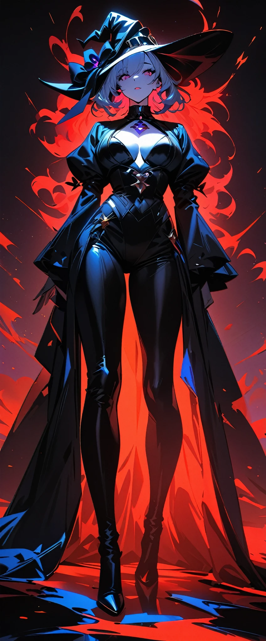 (highest quality:1.2, Very detailed, Latest, Vibrant, Ultra-high resolution, High Contrast, masterpiece:1.2, highest quality, Best aesthetics), (((1 girl))), Sexy witch, Mature woman's body, Seductive body lines, Narrow waist, Witch Robe, Witch Hat, An elegant robe with a red and black design., Skirt with slit, A dress with fine lace, gem, detailed ornaments, Purple Tent, Decorated purple flowers, Dark color palette, Insufficient lighting, Witch-made potion, Magic circle and tapestry hanging on the wall,