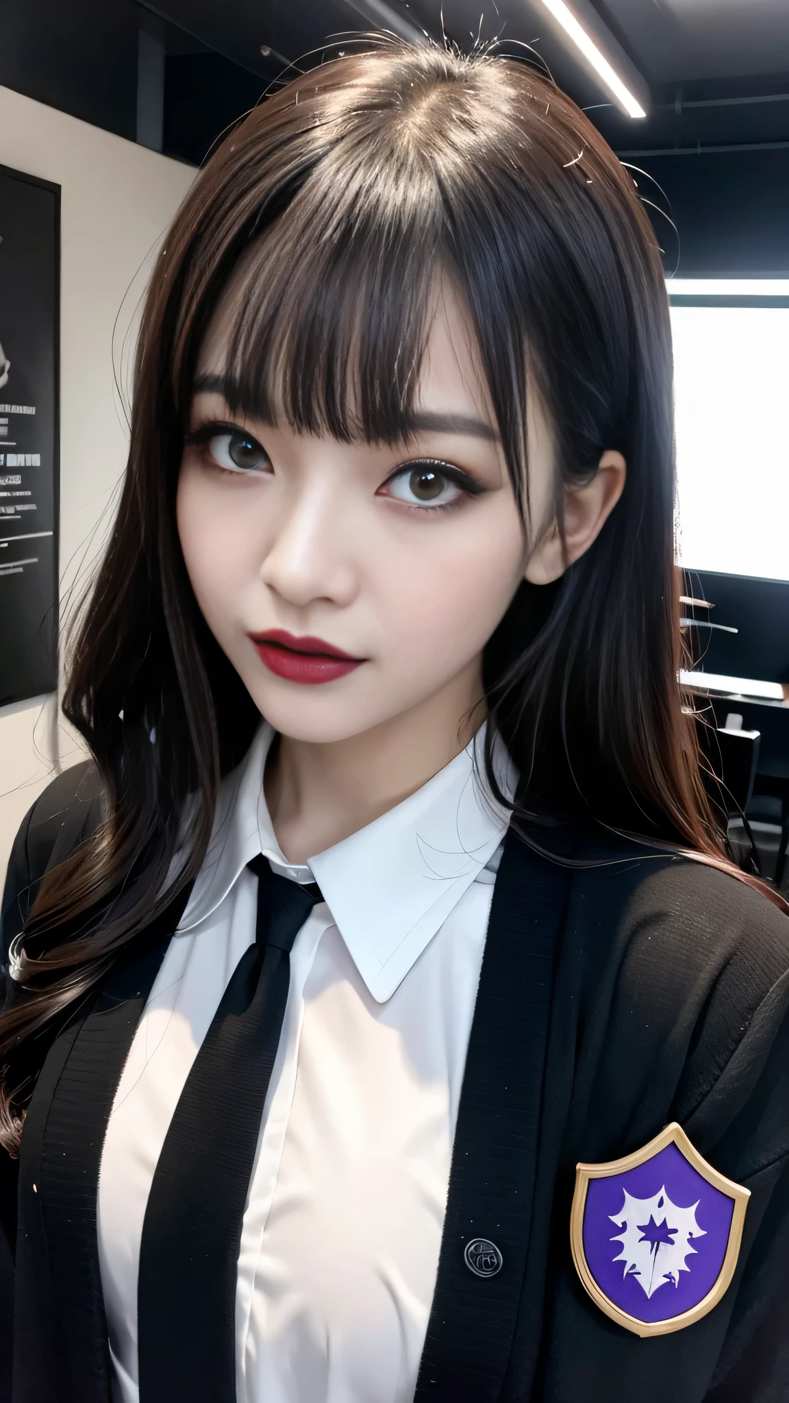 best quality、ultra-detailed、4k、Japanese、Seductive beauty、seductive adult woman、Pretty Woman、cool girl、Villainess、Brainwashed、brainwash、Fallen into evil、smirk、Evil look、Wicked Smile、evil、Brown hair、wavy hair、swept bangs、dark makeup、dark makeup、piercing eyes、hollow eyes,half-closed eyes、Hollow Eyes、purple Eyeshadow、black lipstick、black lipglos、student、uniform、Black cardigan、White Shirt、Black Ribbon、flare skirt、night、inside darkroom、Have lipstick、Emblem of Evil、Crest of Darkness、Swear allegiance、I have pledged my allegiance、Dye black、Blackening、Stained with evil、Dyed in darkness、Seduce