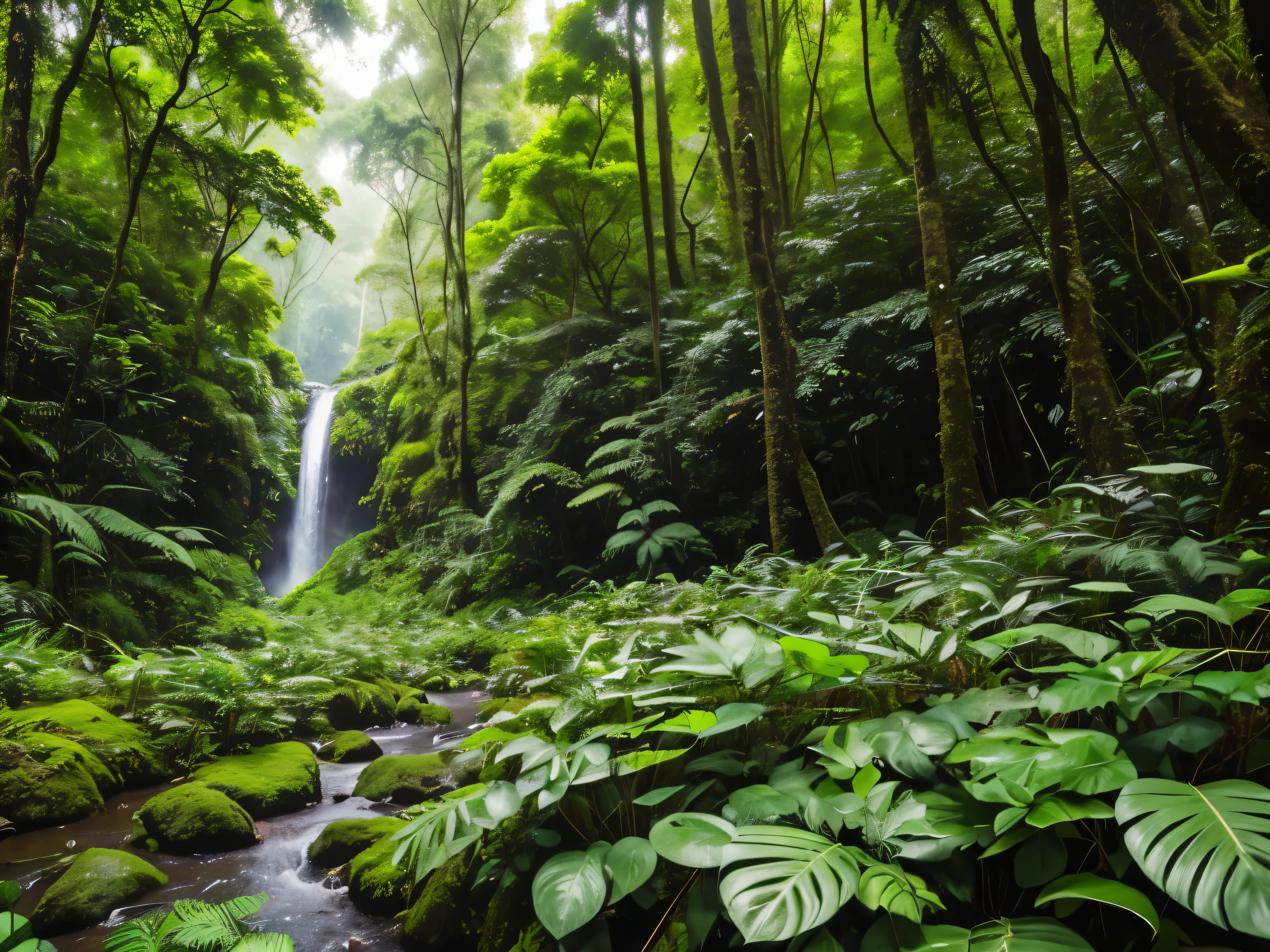 arafed view of a rainforrest, dense forrest, close up view of plants and leaves, natural vegetation, extremely diverse vegatation, some flowers, extreme dense vegetation, photo for a web page background, very accurate photo,  high quality, stock photo, masterpiece photography