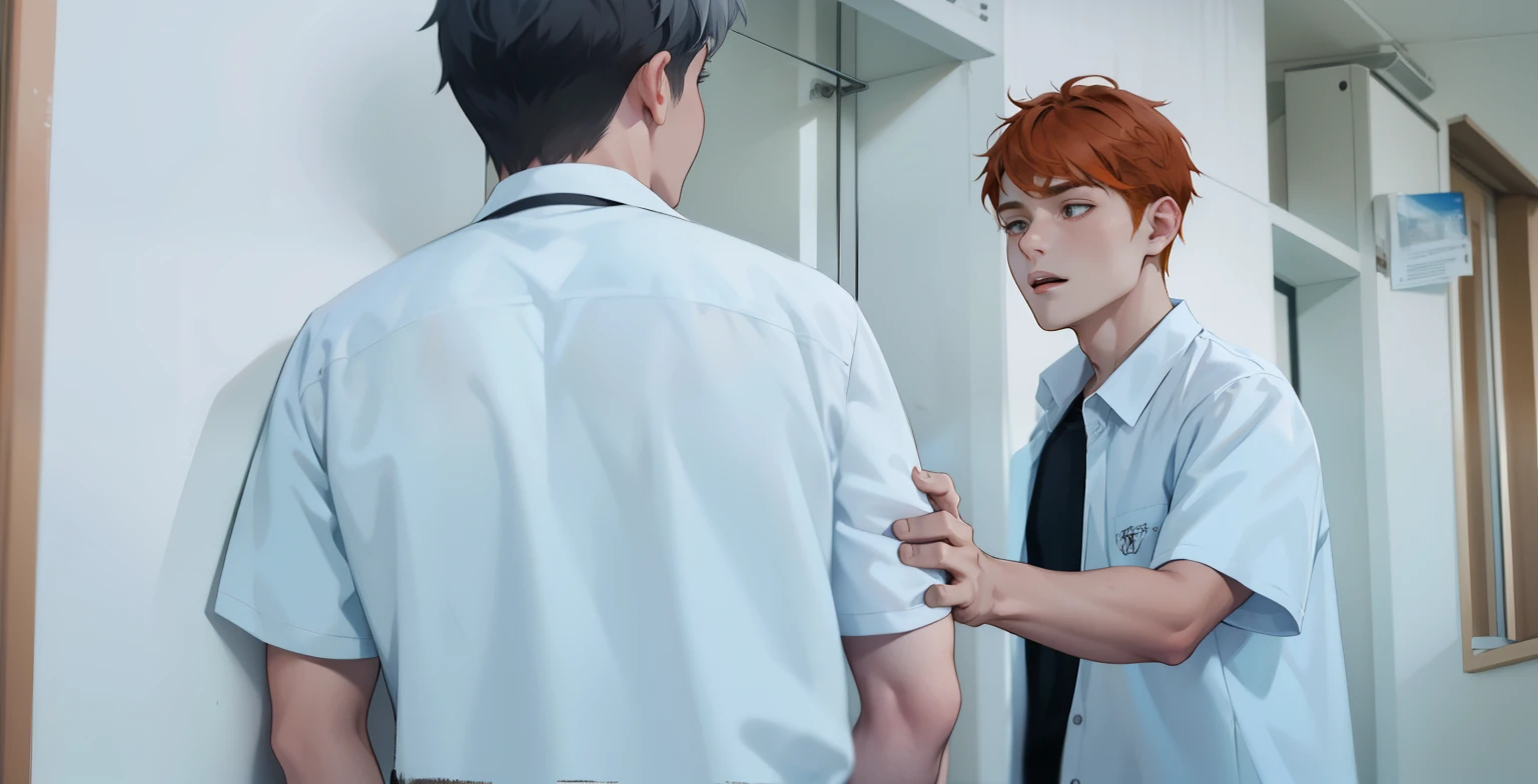 There are two boys, one with gray hair and the other with orange hair, they are 17 years old, white shirt.