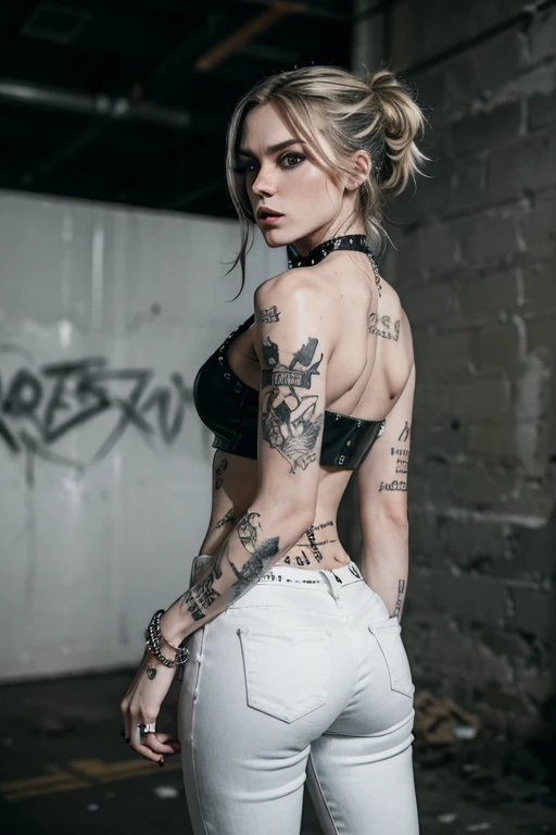 (best quality,highres),realistic,blonde sexy punk woman, back shot,smokey eyes,excited gaze,pale,thin figure,skinny,small bust,choker,tight white pants,thin white crop top,high heels overknees,tattoos,seductive atmosphere,graffiti backdrop,industrial setting,silver chains,emotional intensity,vivid lipstick,expressive body language,leather accessories,fierce attitude,edgy hairstyle,strong jawline,gothic music vibes,concrete walls,studded bracelets,sharp eyebrow arches,dark nail polish,confident posture,sensual movements,smoky atmosphere,