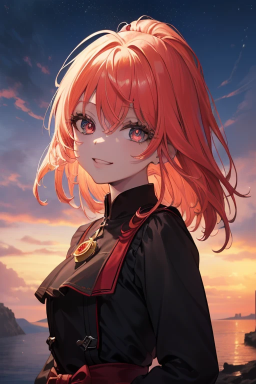 ((((Obra maestra, La mejor calidad, ultrahigh resolution)))), beautiful face, beautiful girl, 1girl, looking at viewer, standing, upper body, red hair, beautiful face, outside, wind blowing, detailed face, eyeliner, detailed red gradient eyes, shiny red eyes, black pupils, , face focus, pretty smile, happy, teeth, wide smile
