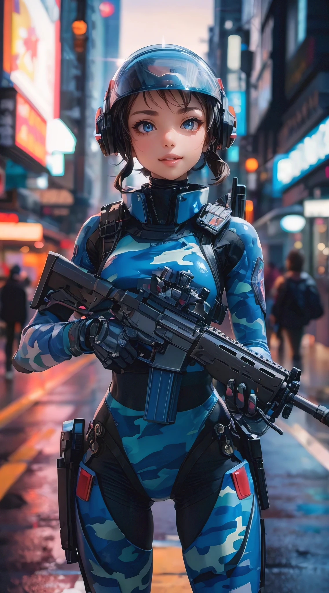 A stunning, photorealistic masterpiece of a highly advanced, feminine military-grade android sentry in a futuristic city. The android has a sleek, slim fit body, adorned in blue camouflage armor with striking neon accents. Her stylish helmet conceals her big, gorgeous eyes and a soft smile. She is equipped with an assault rifle and has some exposed mechanical parts that showcase her intricate design. The background reveals a vibrant, bustling cityscape, highlighting the anime-inspired illustration and 3D render techniques used to create this captivating image., anime, illustration, 3d render, vibrant